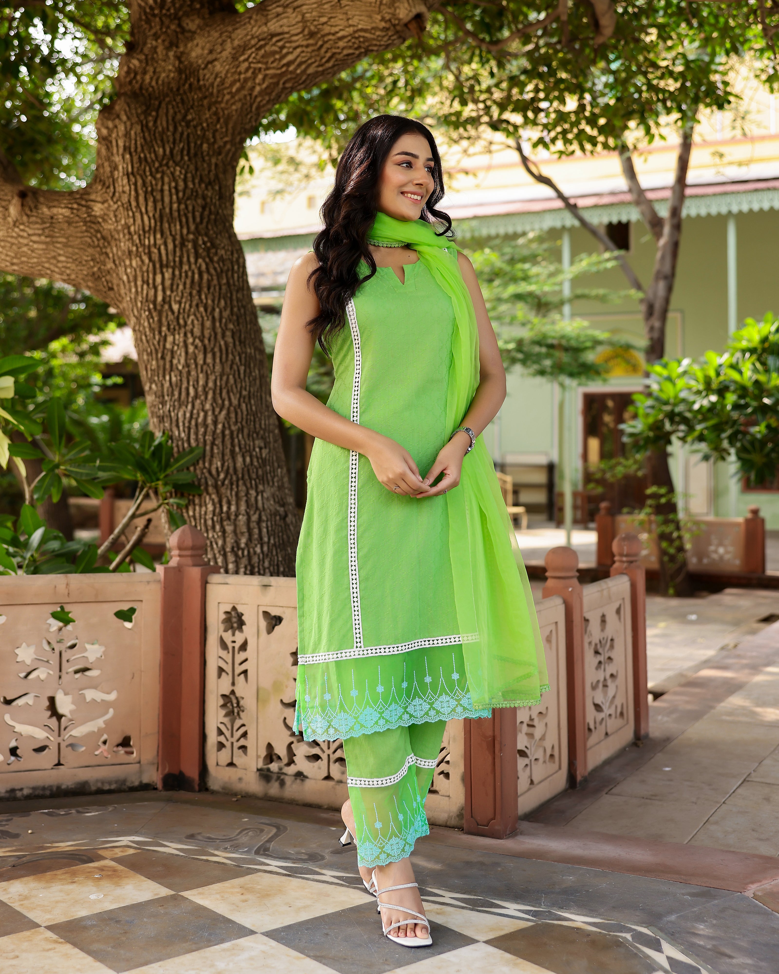 Green Dobby Cotton Straight Suit Set
