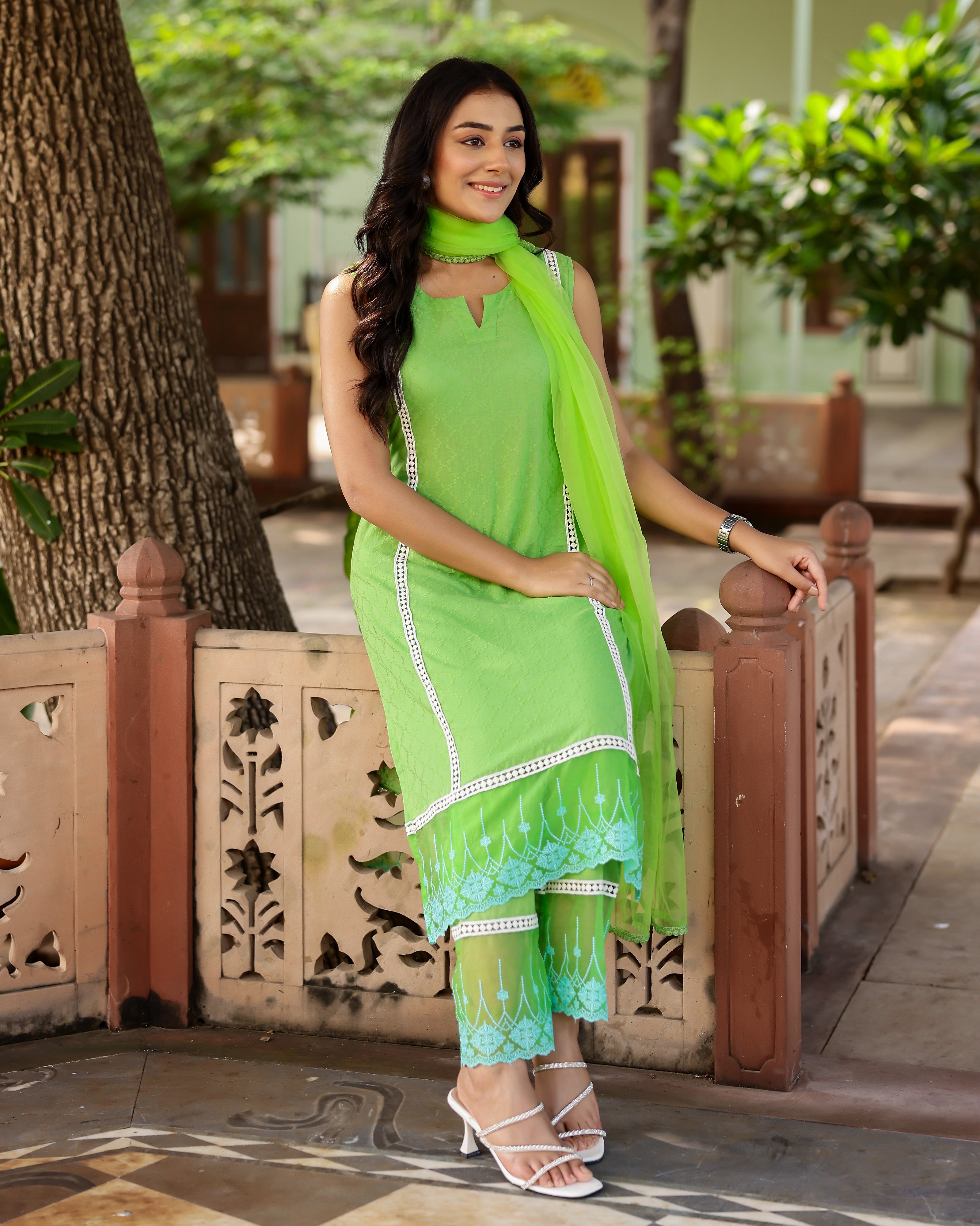 Green Dobby Cotton Straight Suit Set