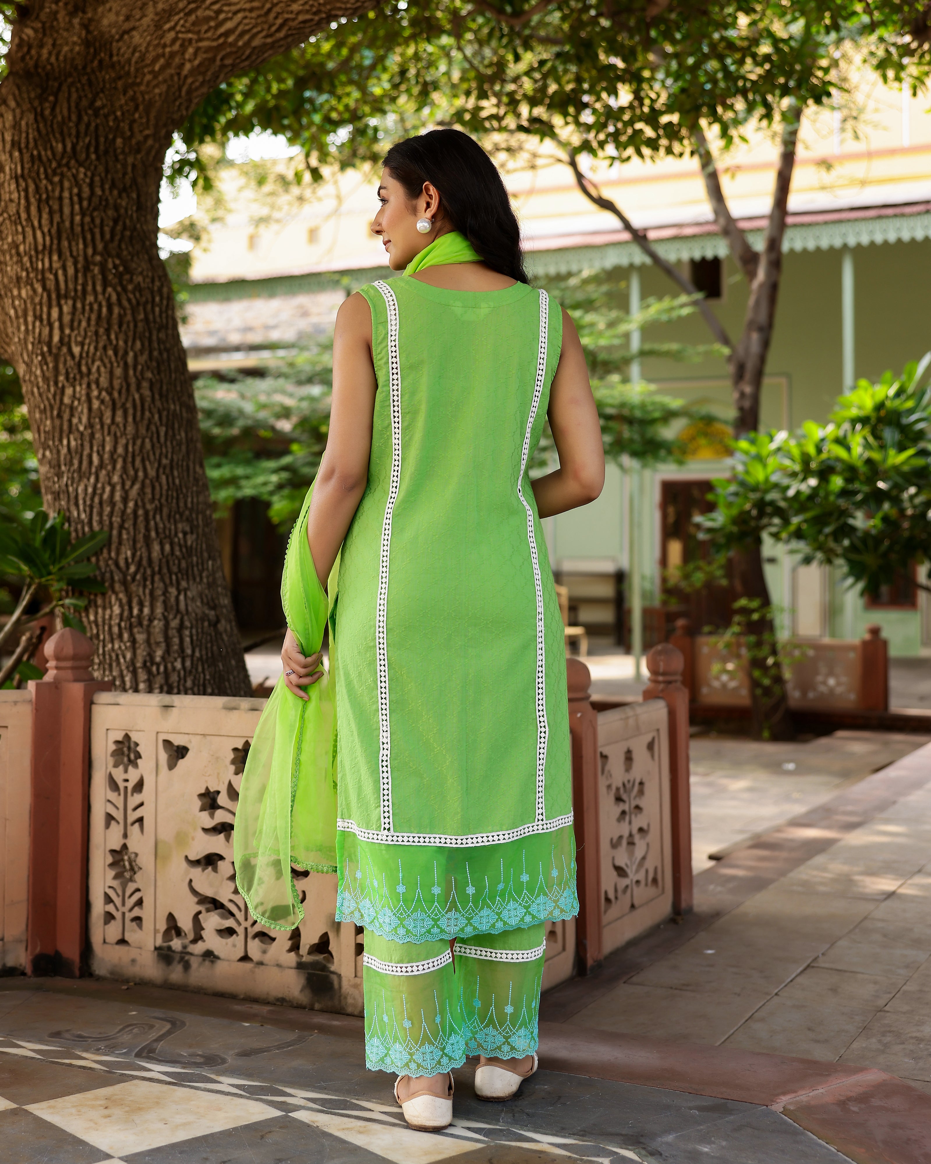 Green Dobby Cotton Straight Suit Set