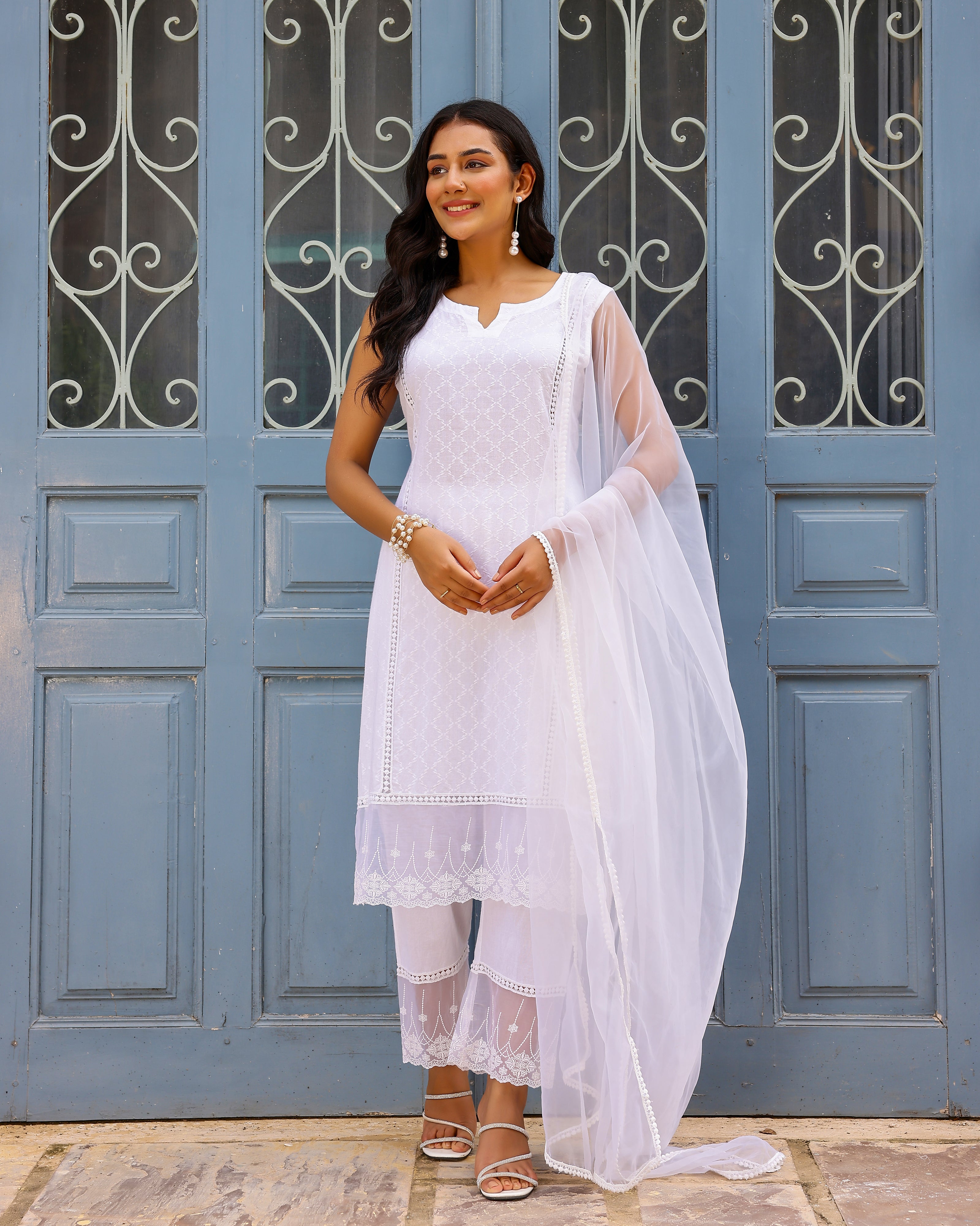 White Dobby Cotton Straight Suit Set