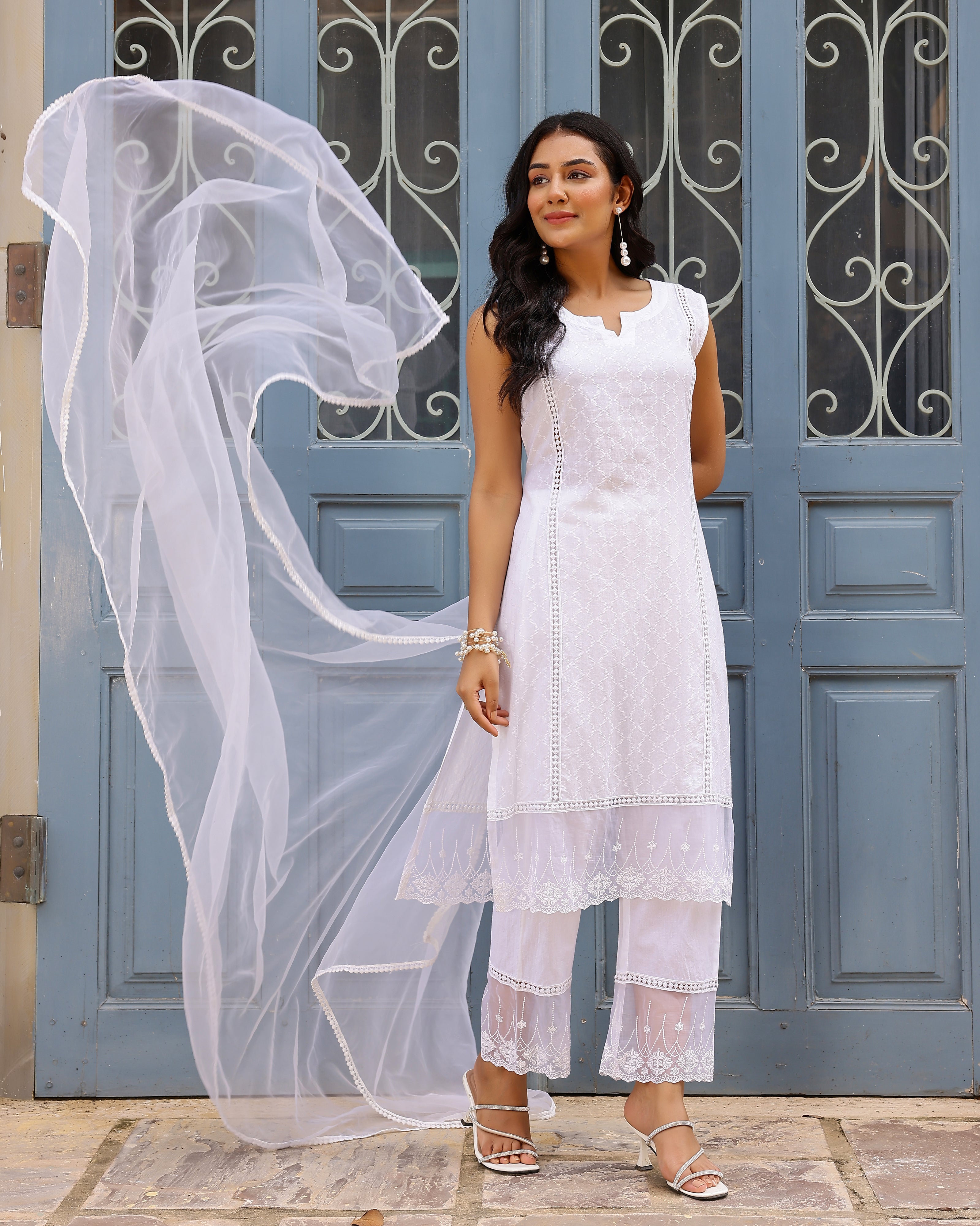White Dobby Cotton Straight Suit Set