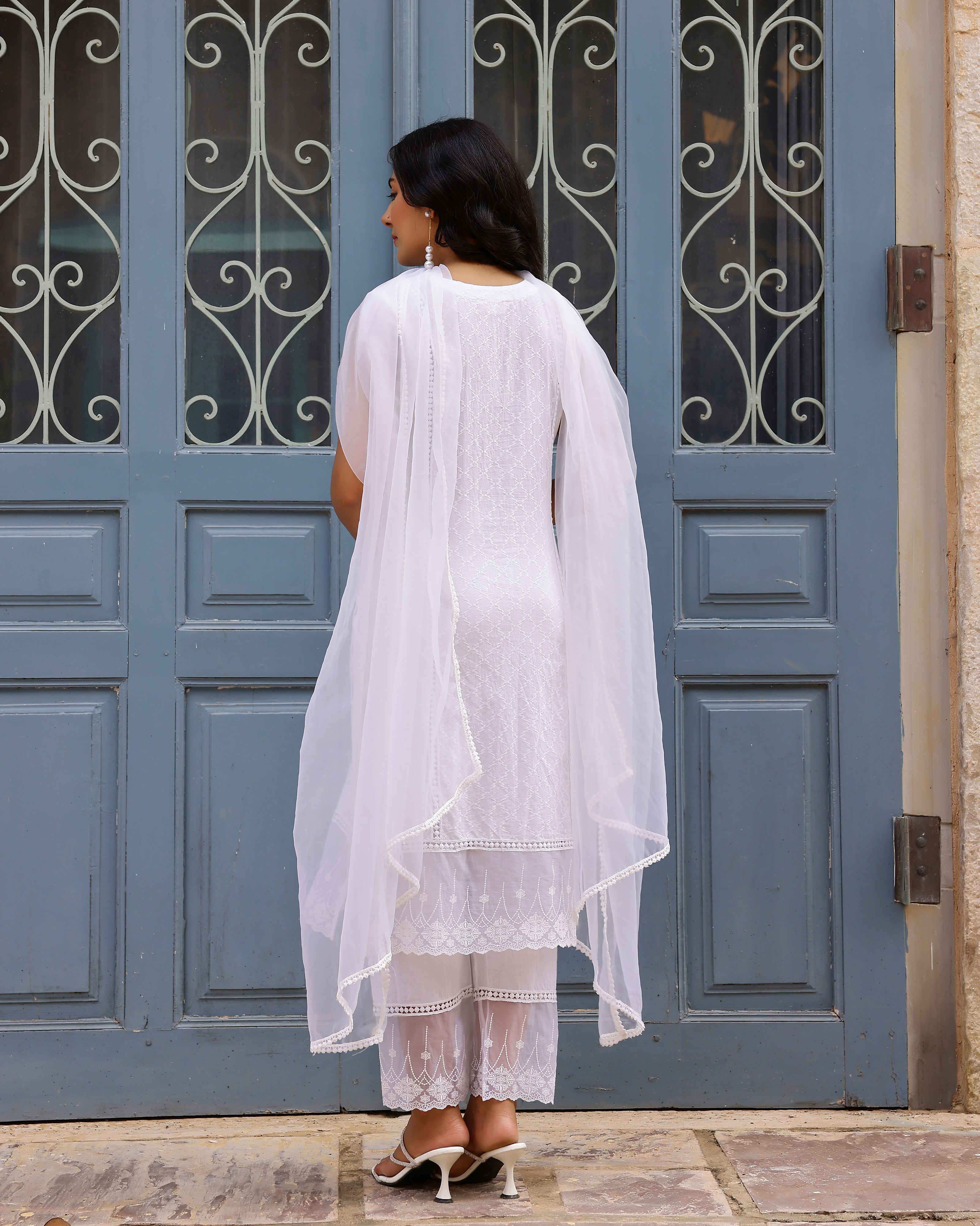 White Dobby Cotton Straight Suit Set