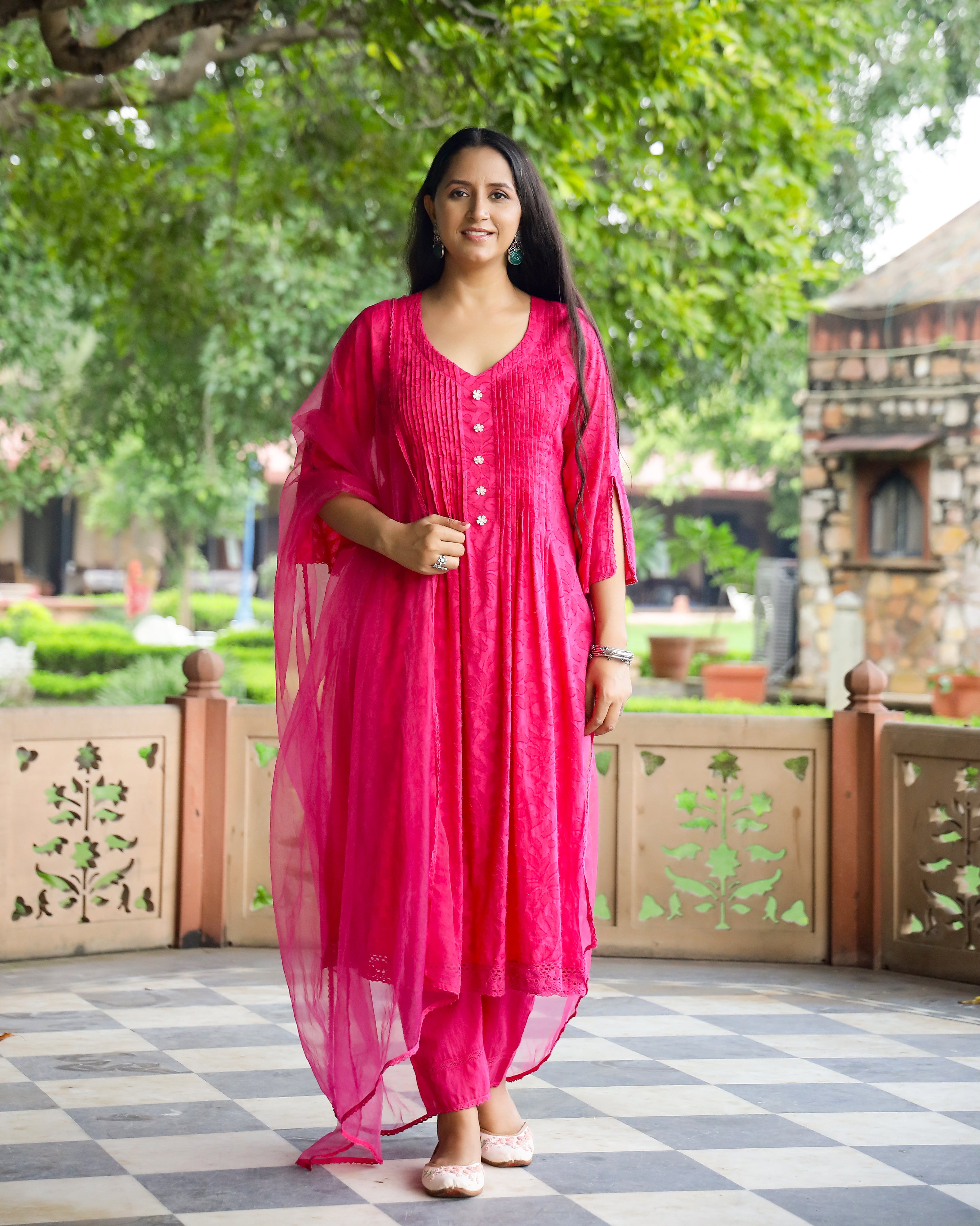 Magenta Pintuck Work Dobby Suit Set