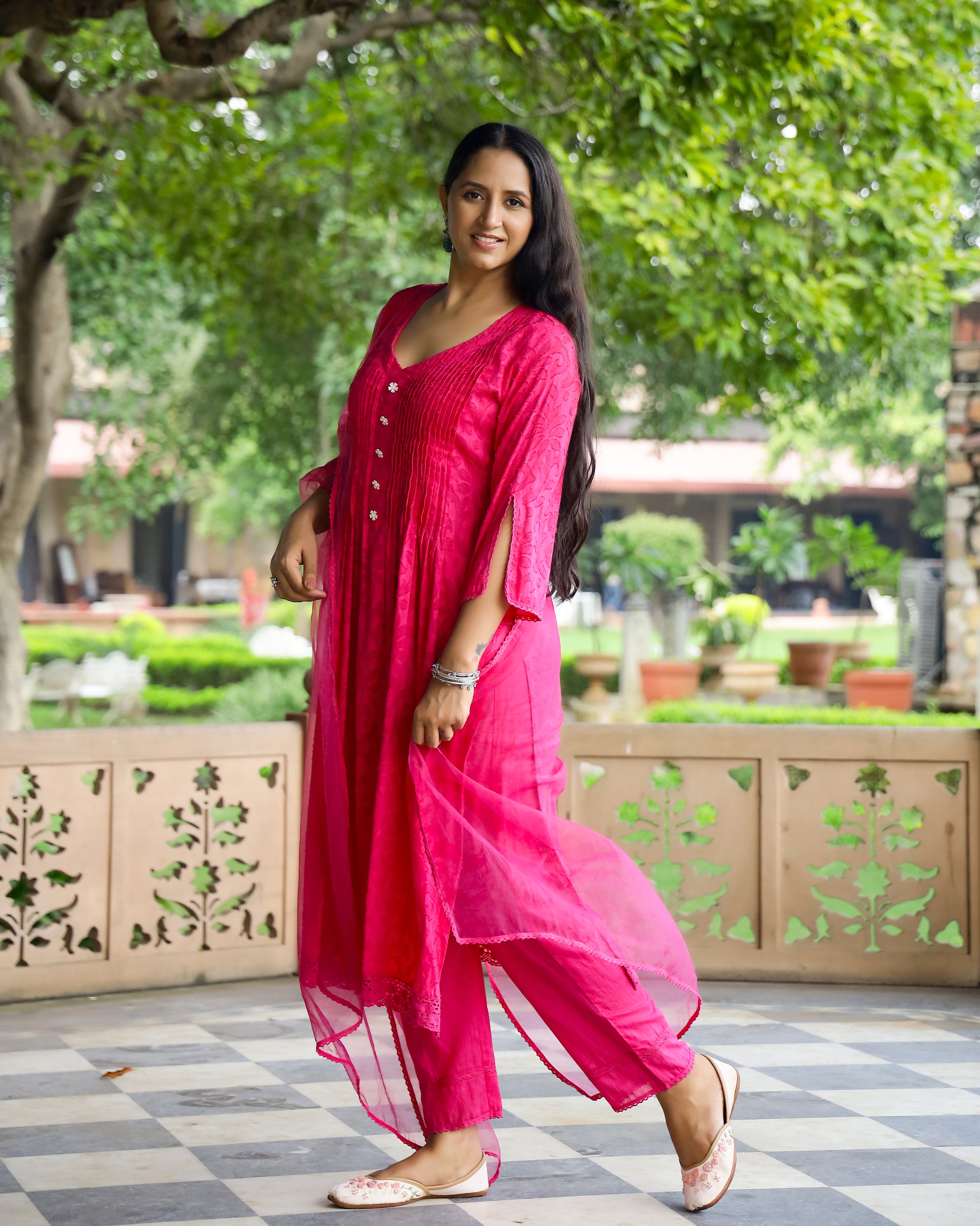 Magenta Pintuck Work Dobby Suit Set
