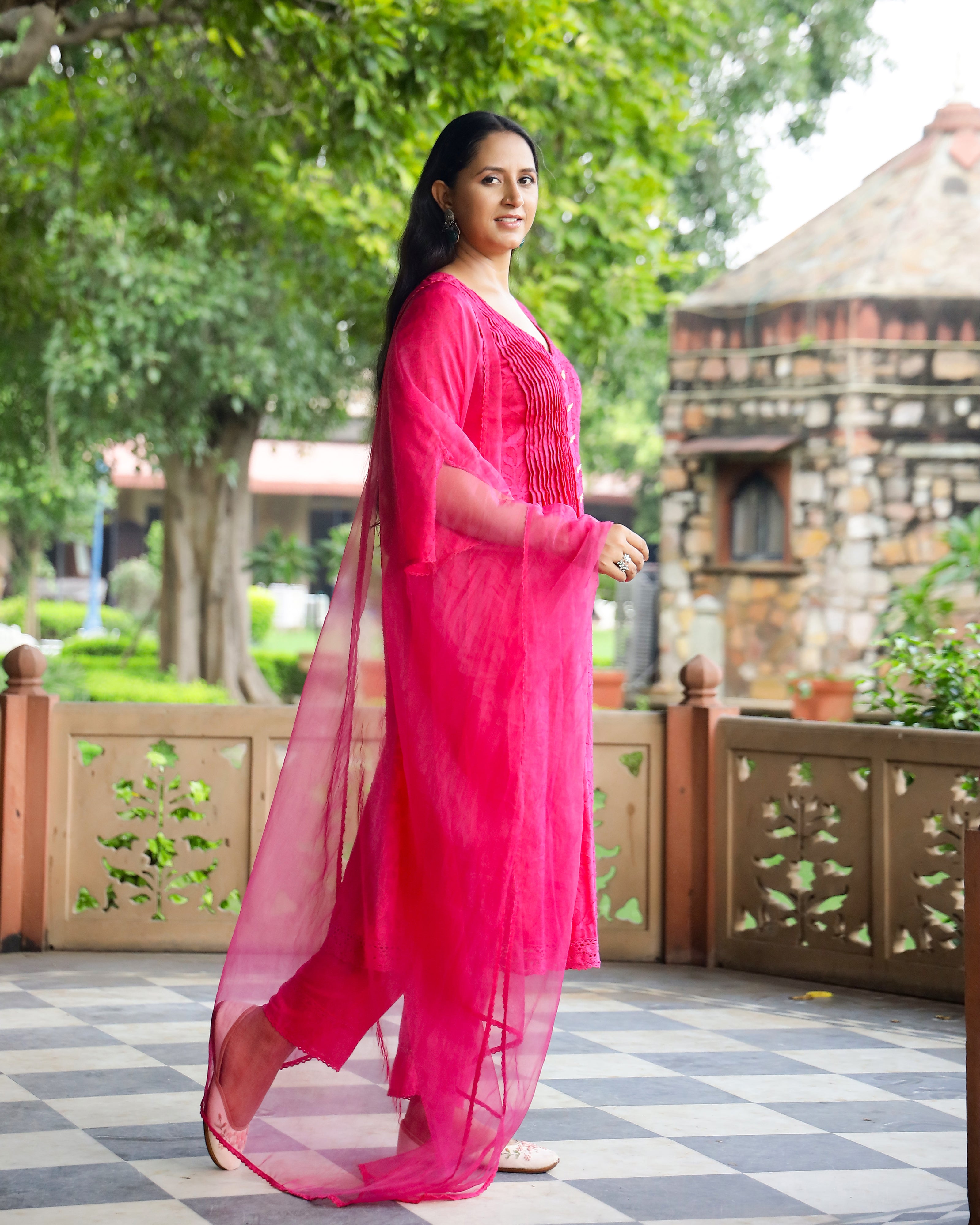 Magenta Pintuck Work Dobby Suit Set