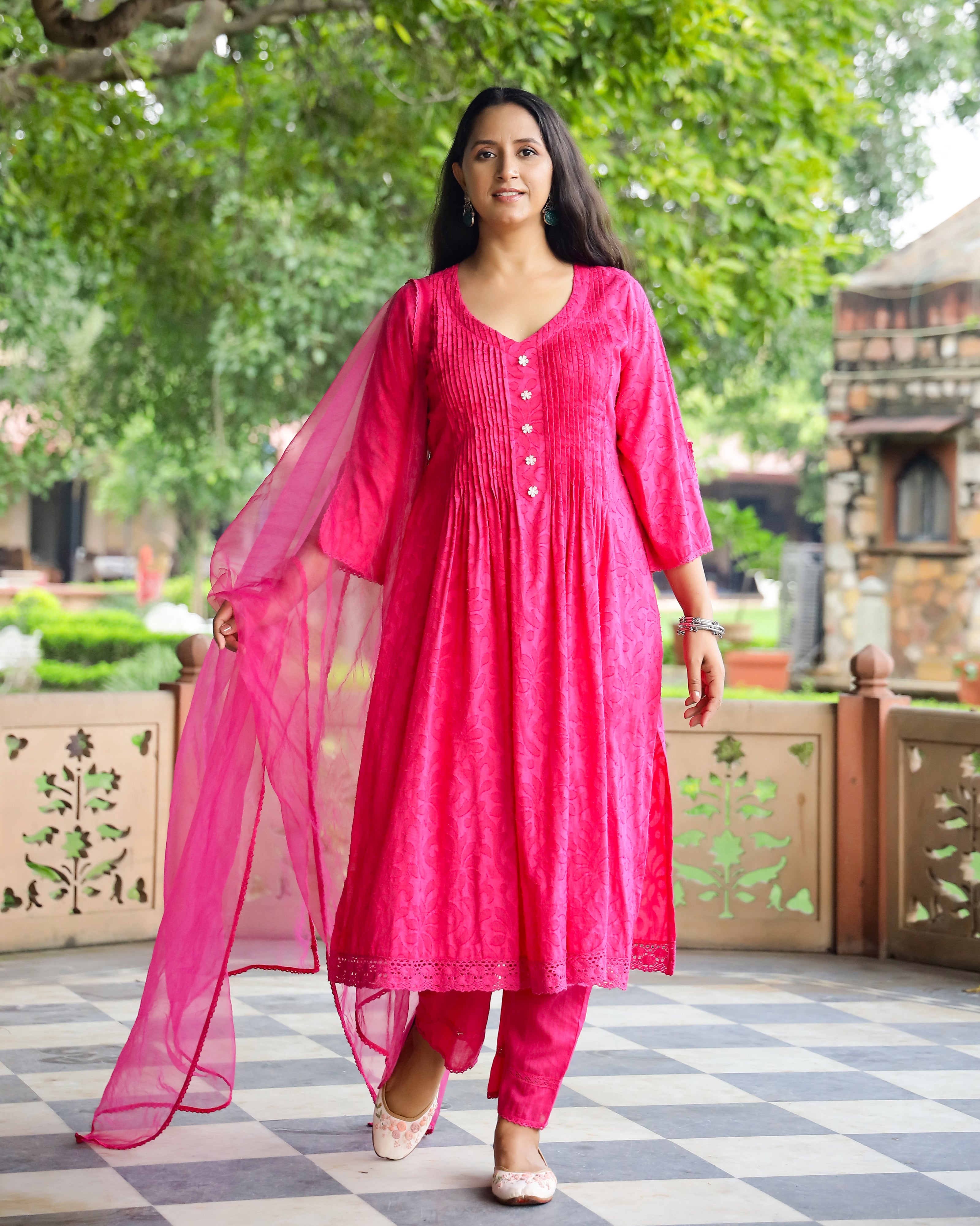 Magenta Pintuck Work Dobby Suit Set