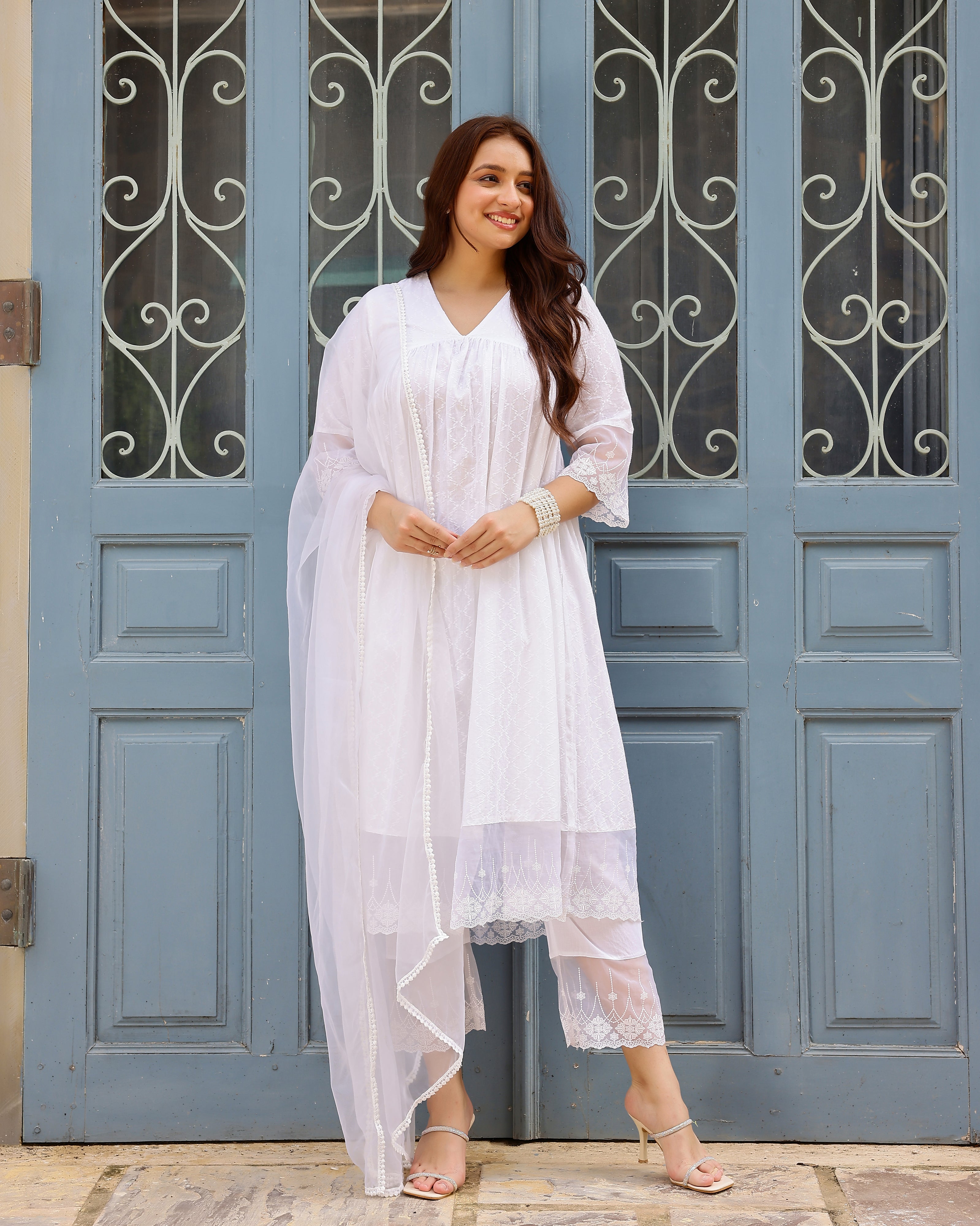 White Gathered Dobby Suit Set