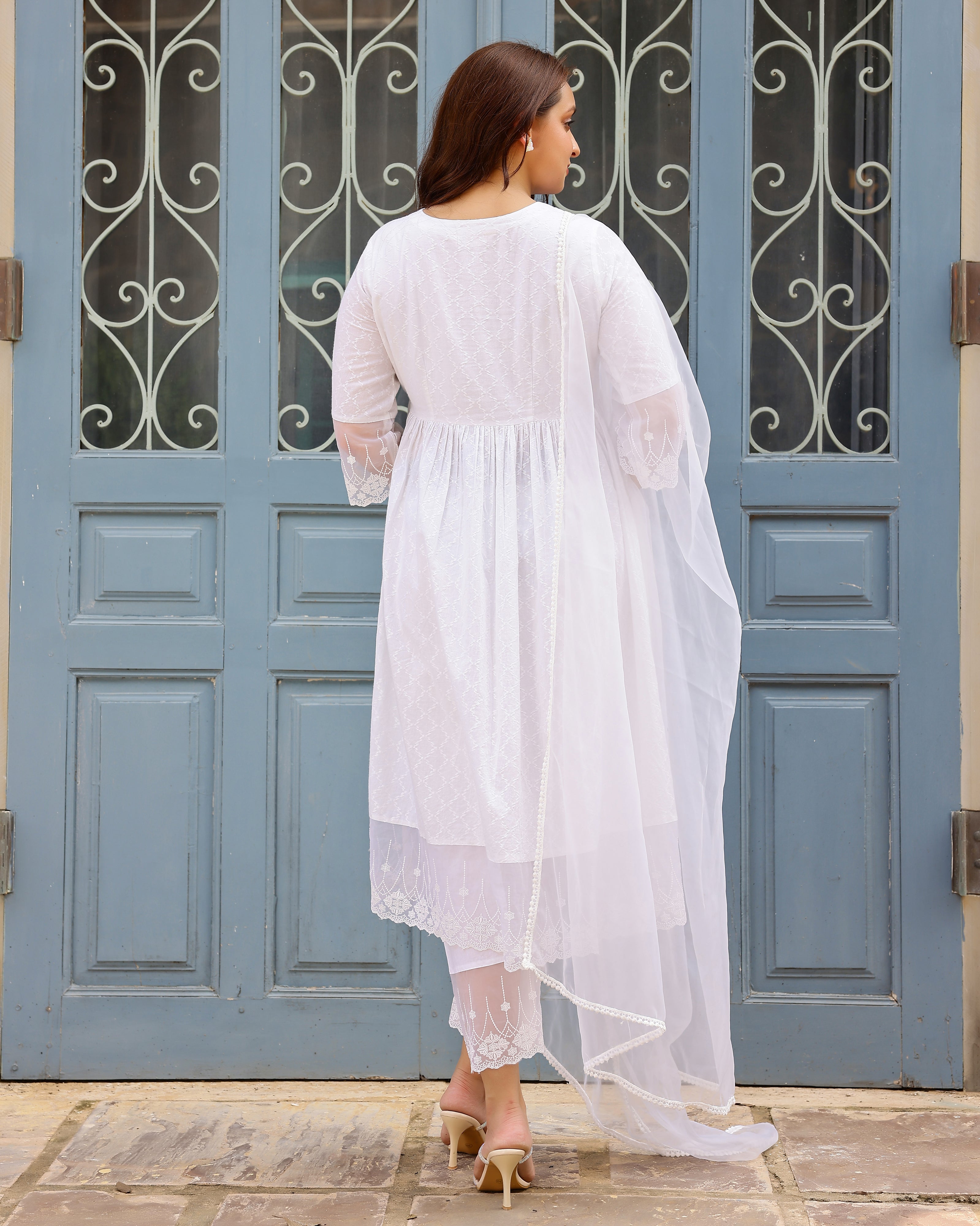 White Gathered Dobby Suit Set