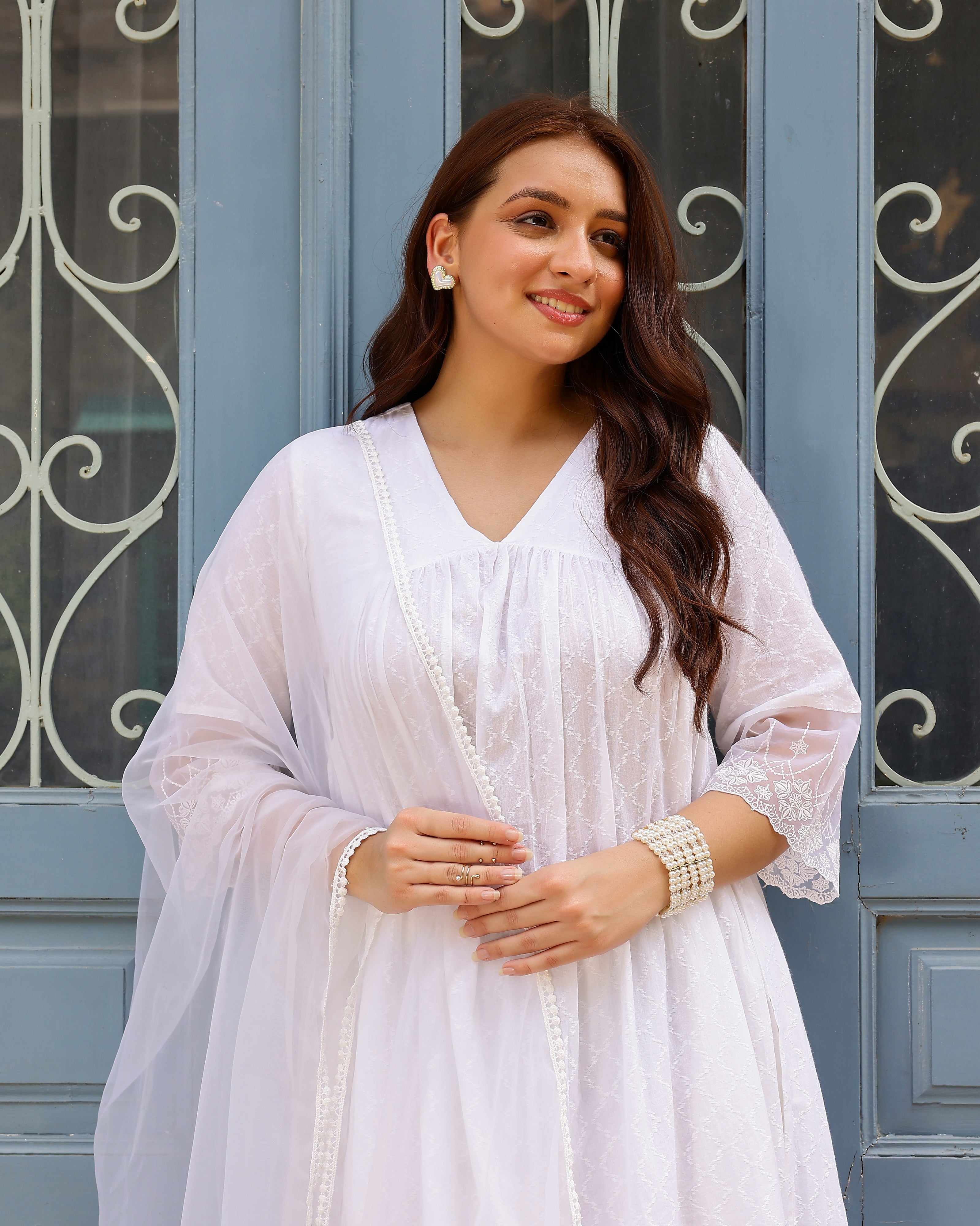 White Gathered Dobby Suit Set