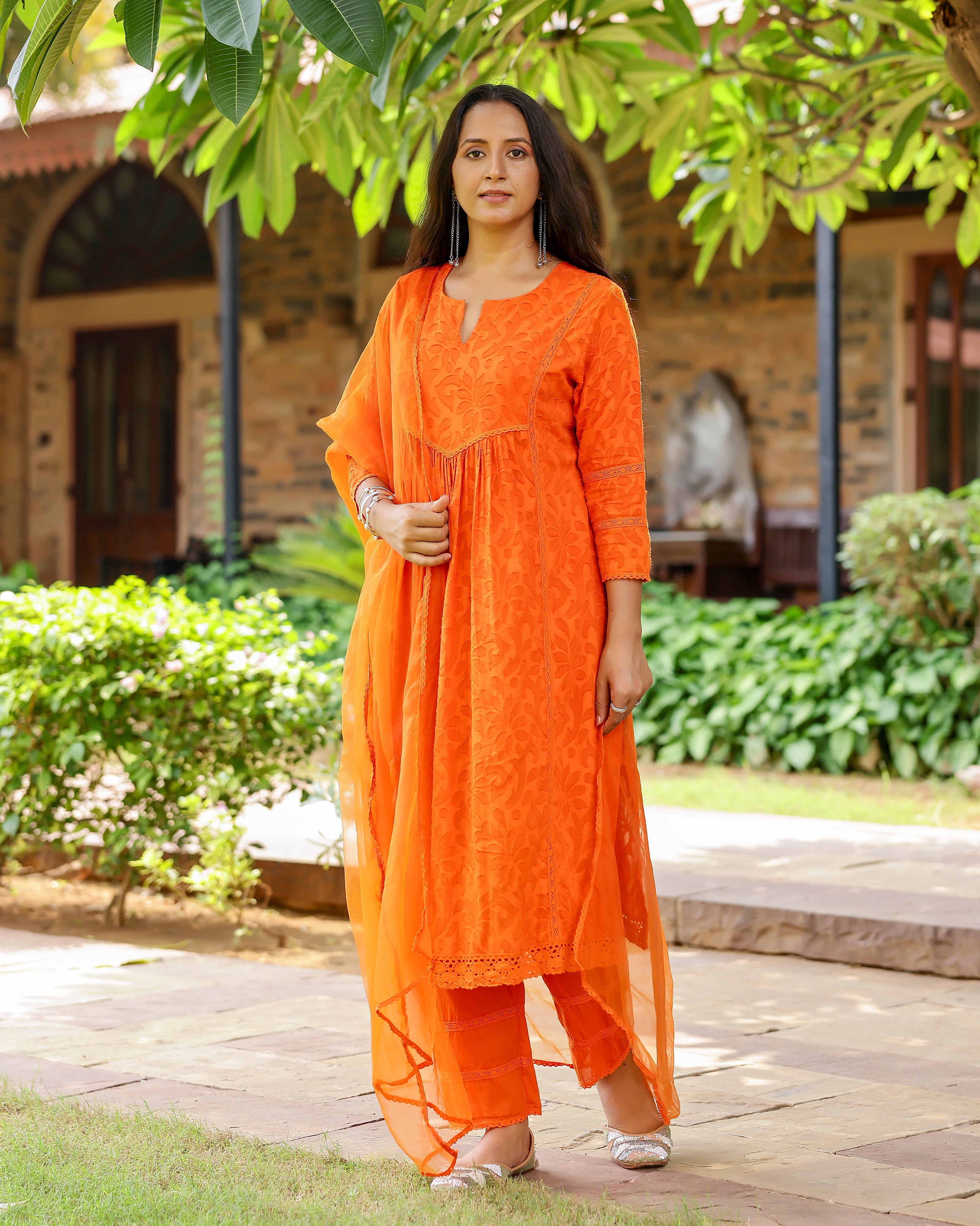 Orange Dobby Cotton Suit Set