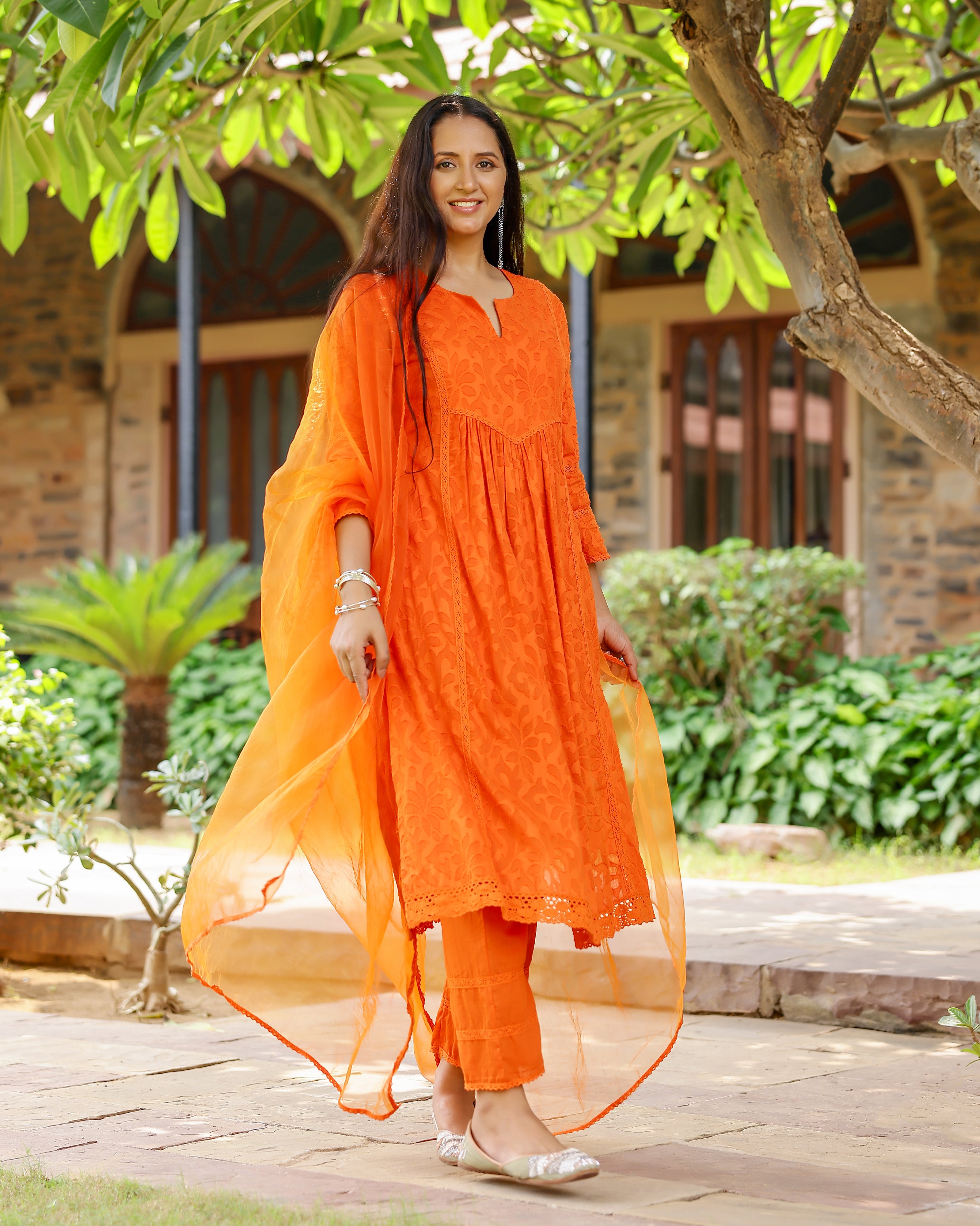 Orange Dobby Cotton Suit Set