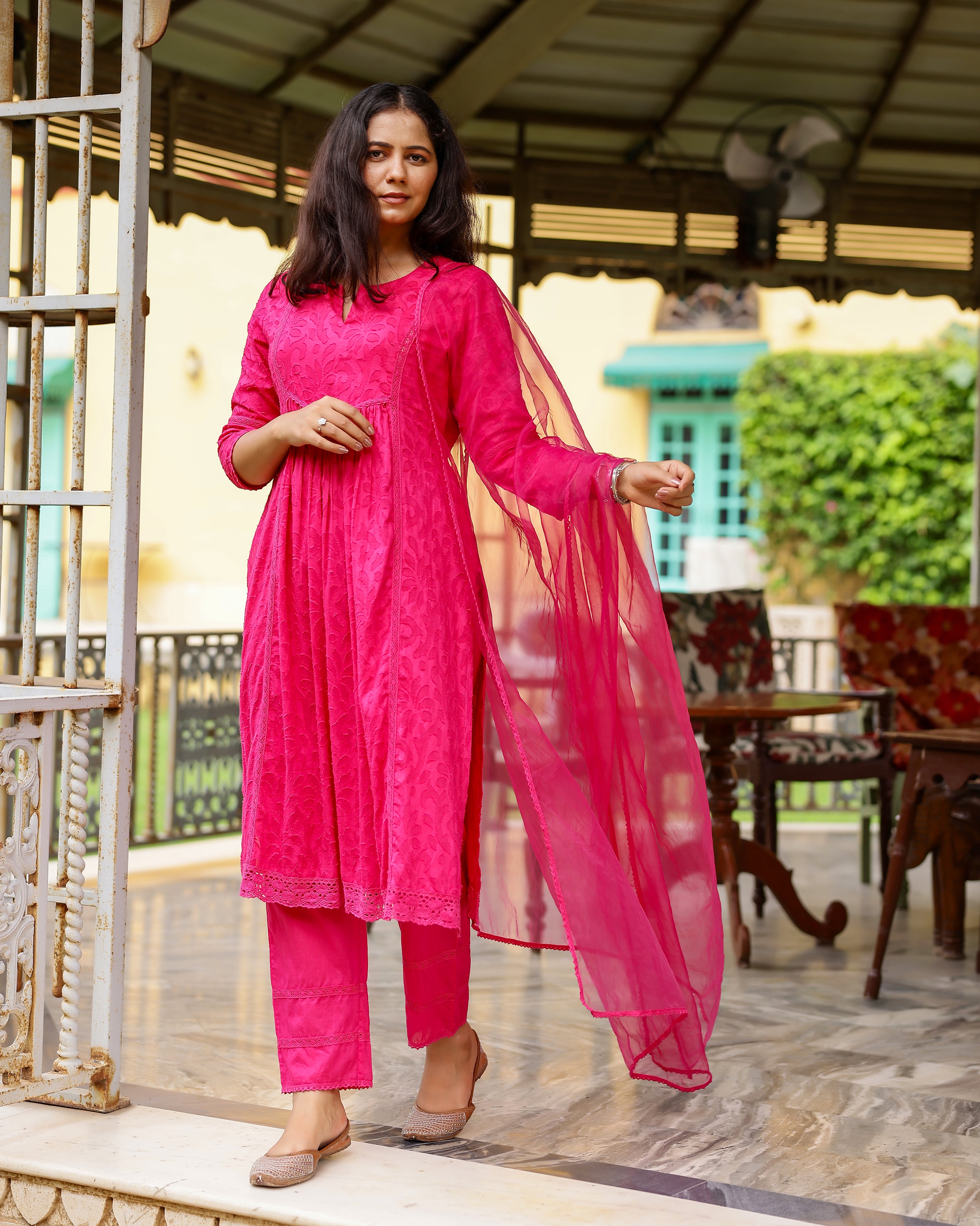 Magenta Dobby Cotton Suit Set