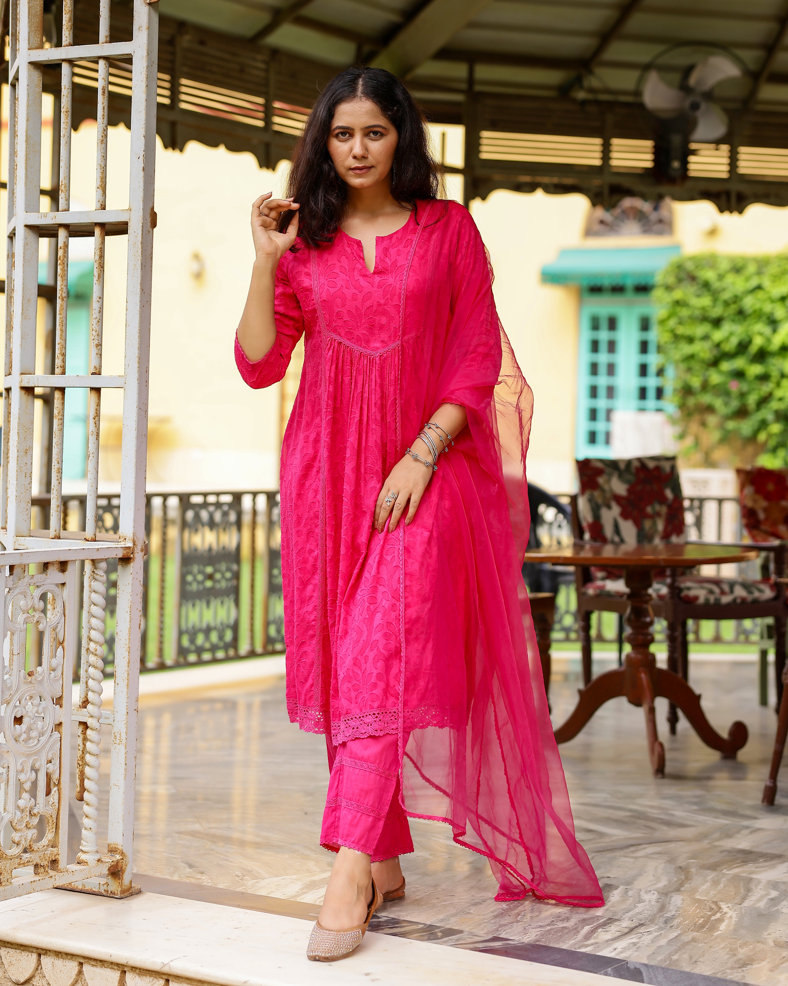 Magenta Dobby Cotton Suit Set