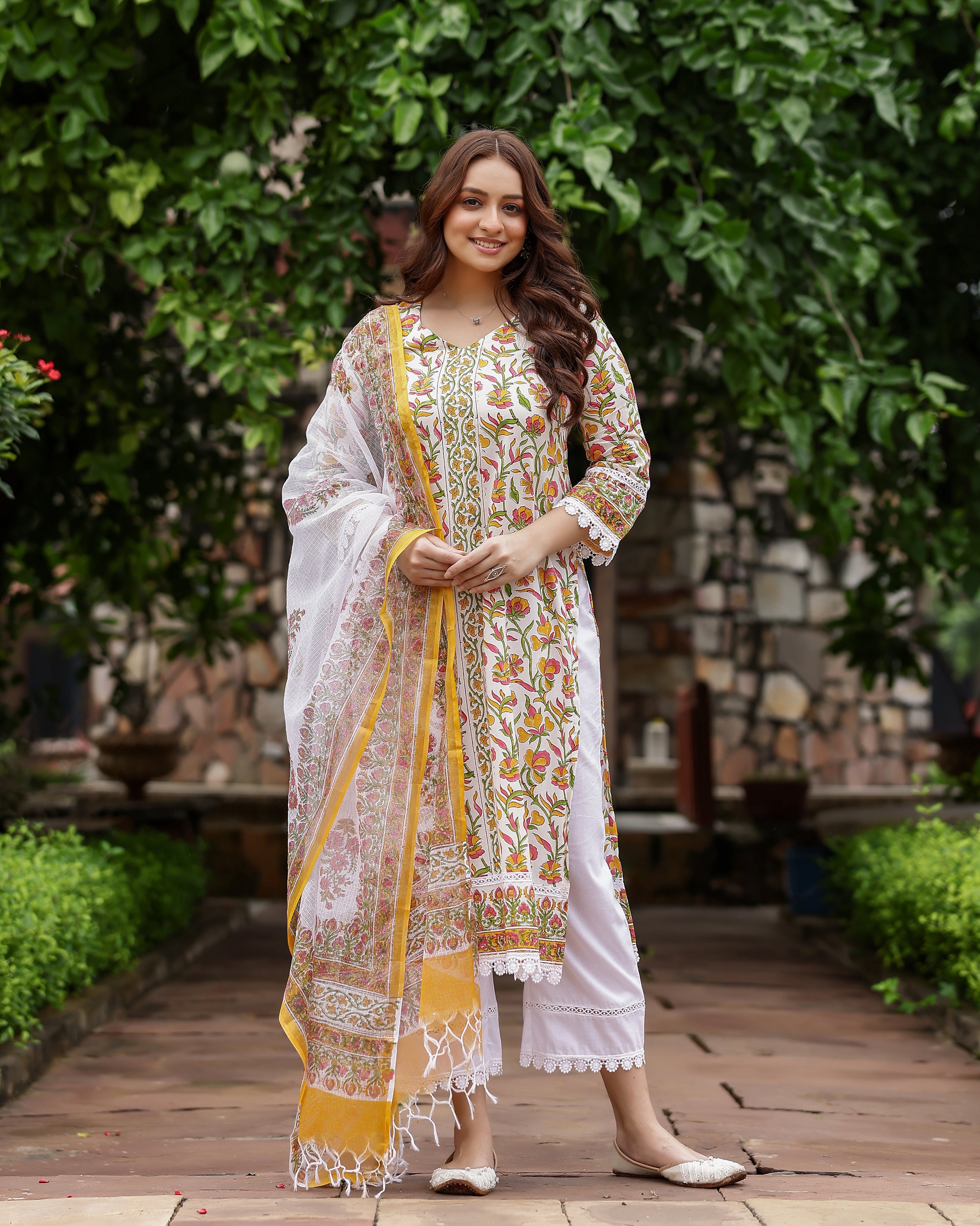 White And Yellow Floral Print Cotton Suit