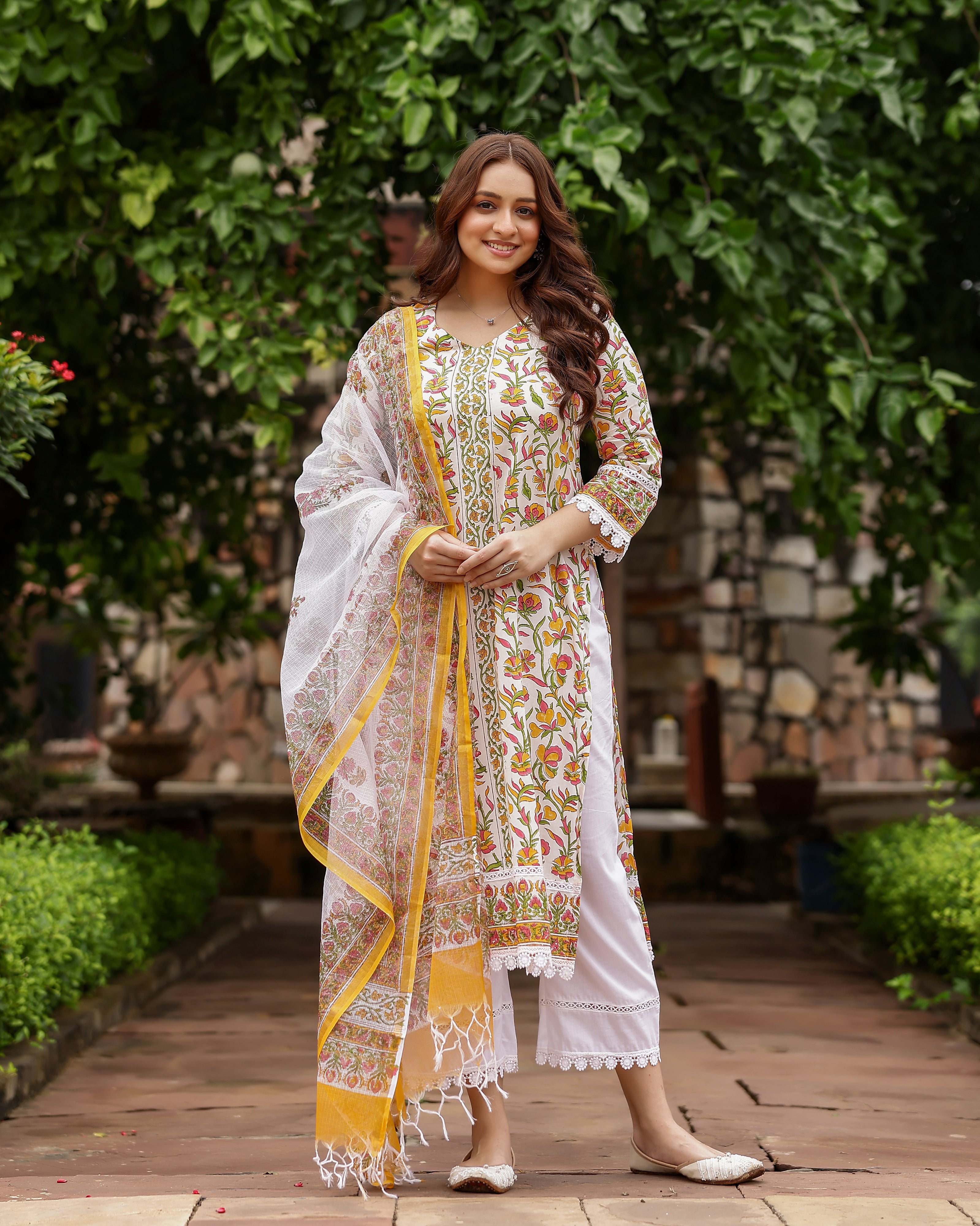 White And Yellow Floral Print Cotton Suit