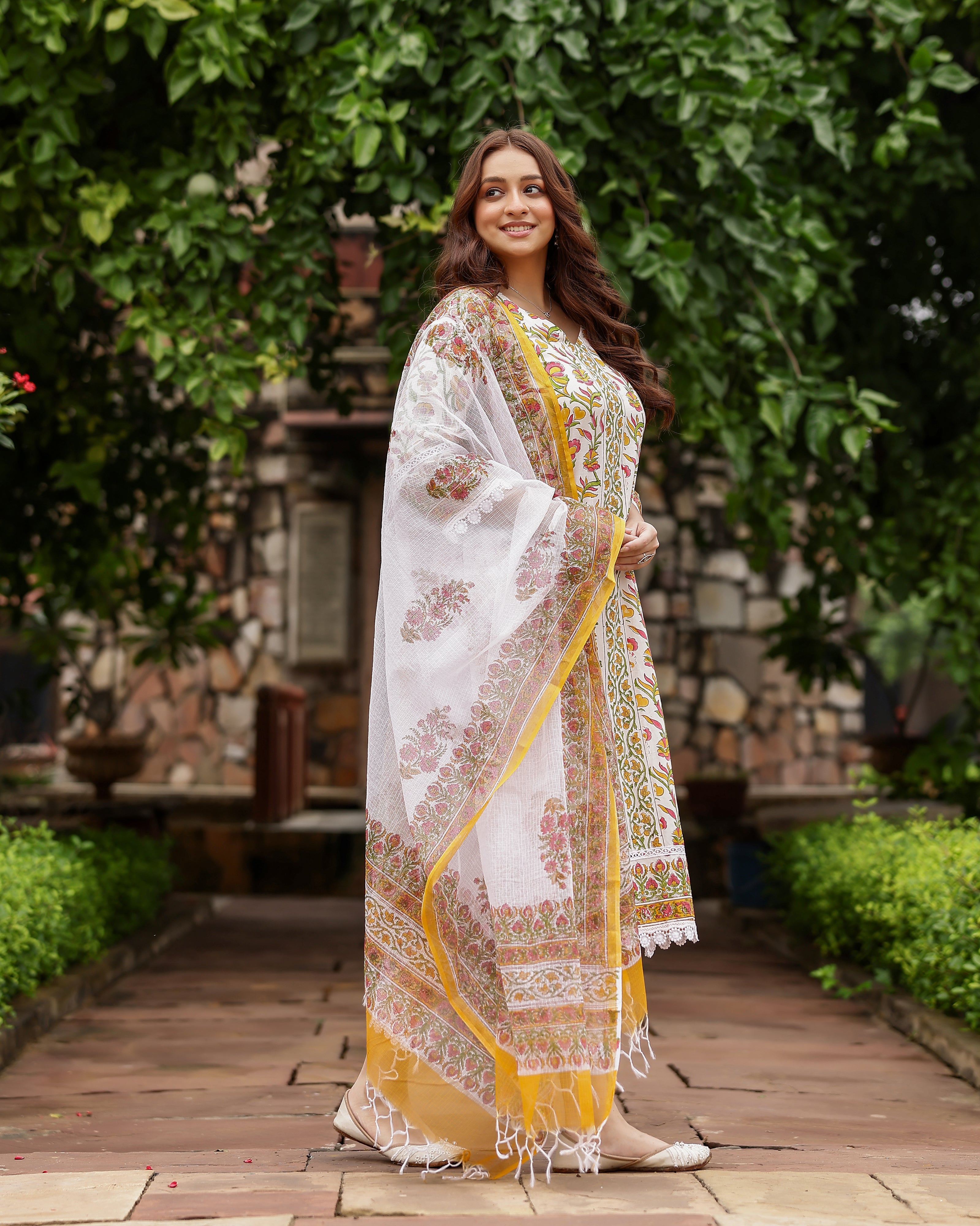 White And Yellow Floral Print Cotton Suit