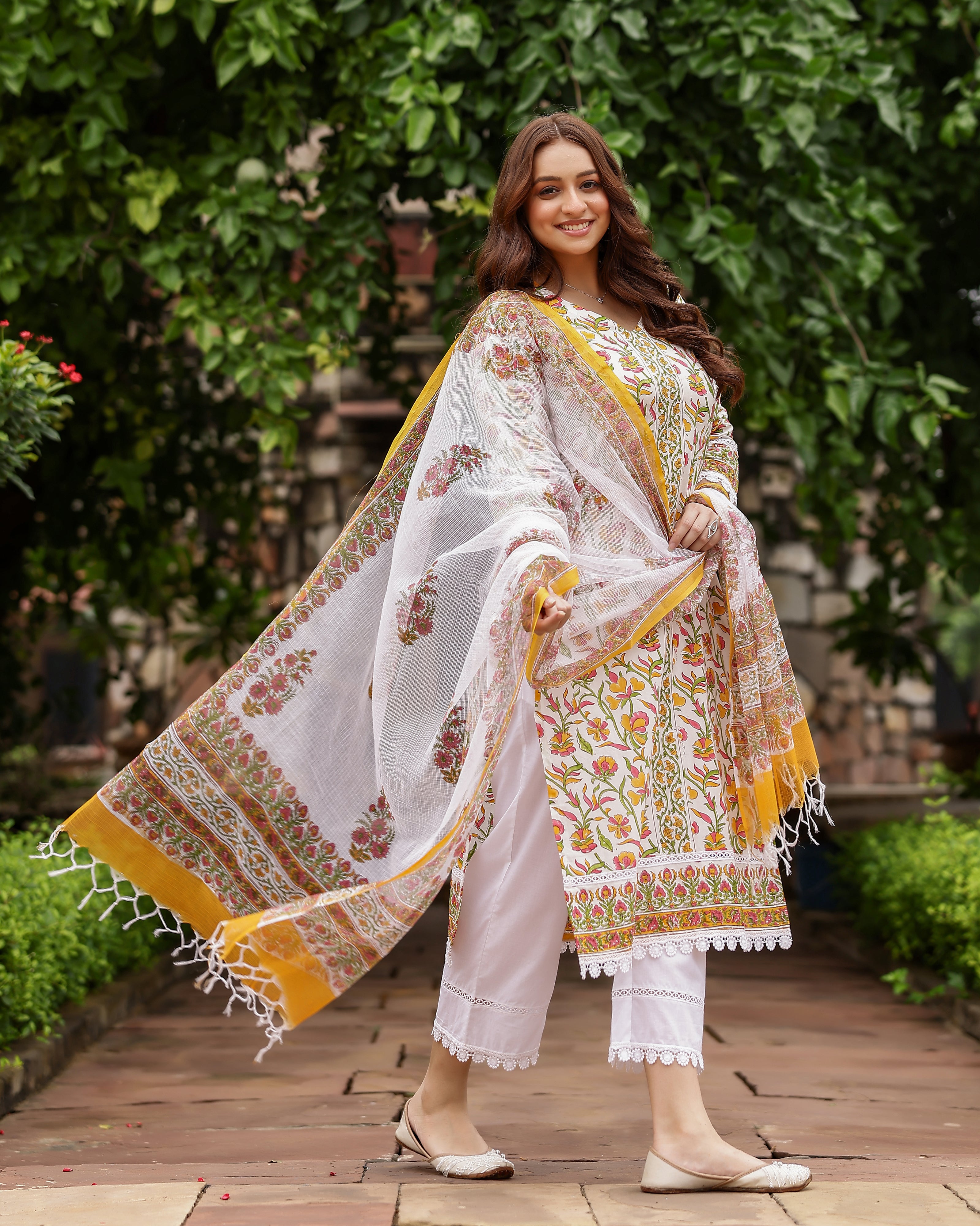 White And Yellow Floral Print Cotton Suit