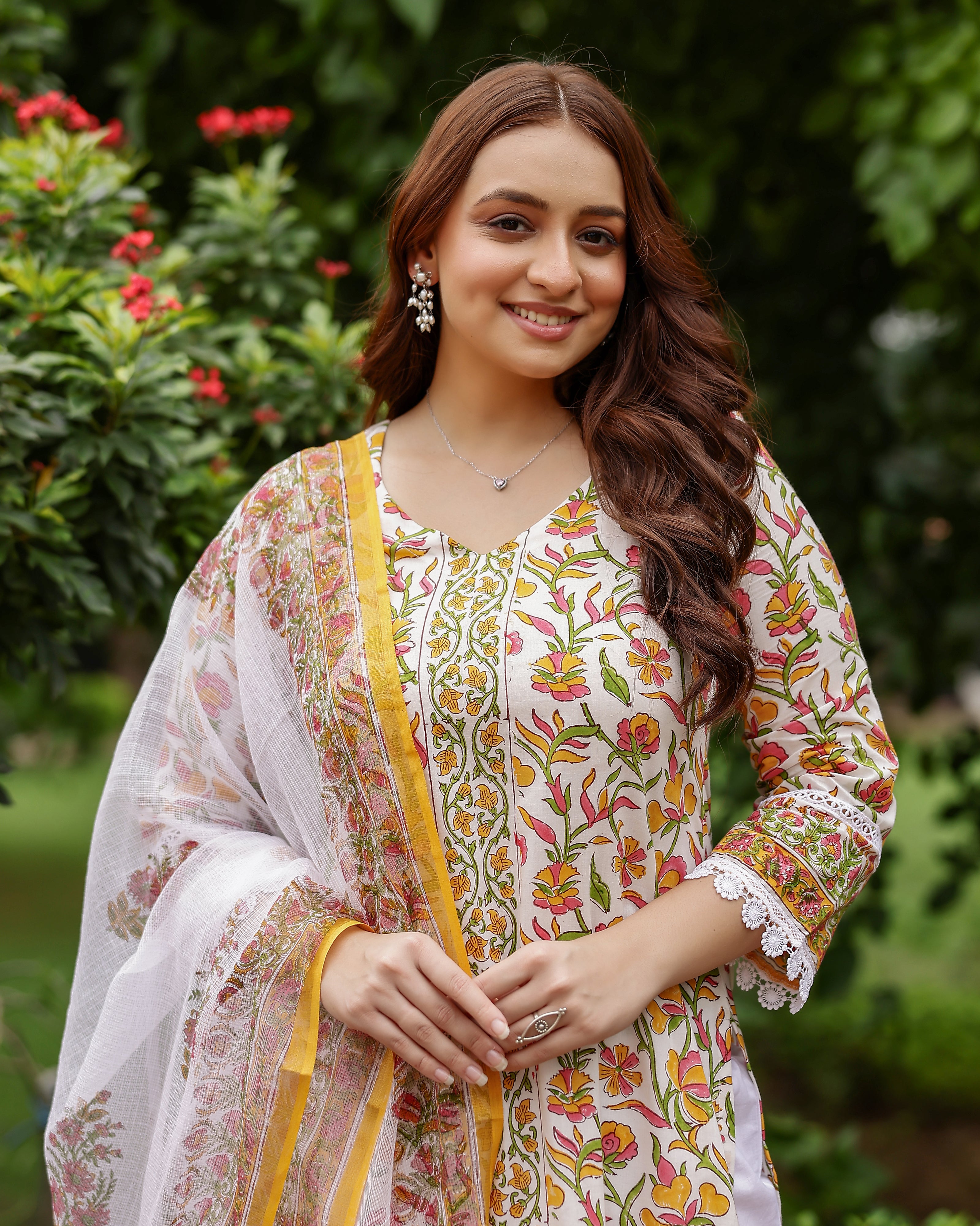 White And Yellow Floral Print Cotton Suit