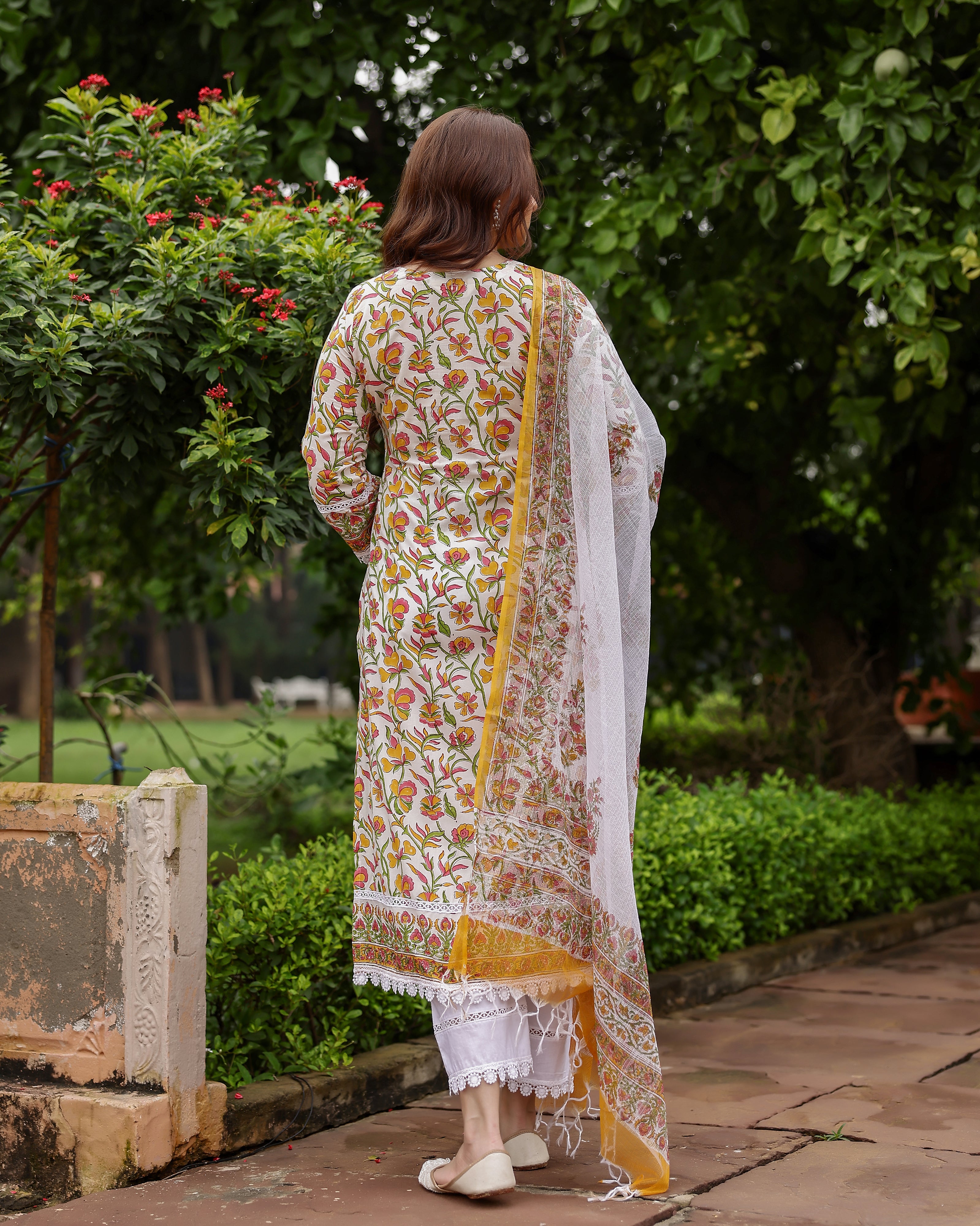 White And Yellow Floral Print Cotton Suit