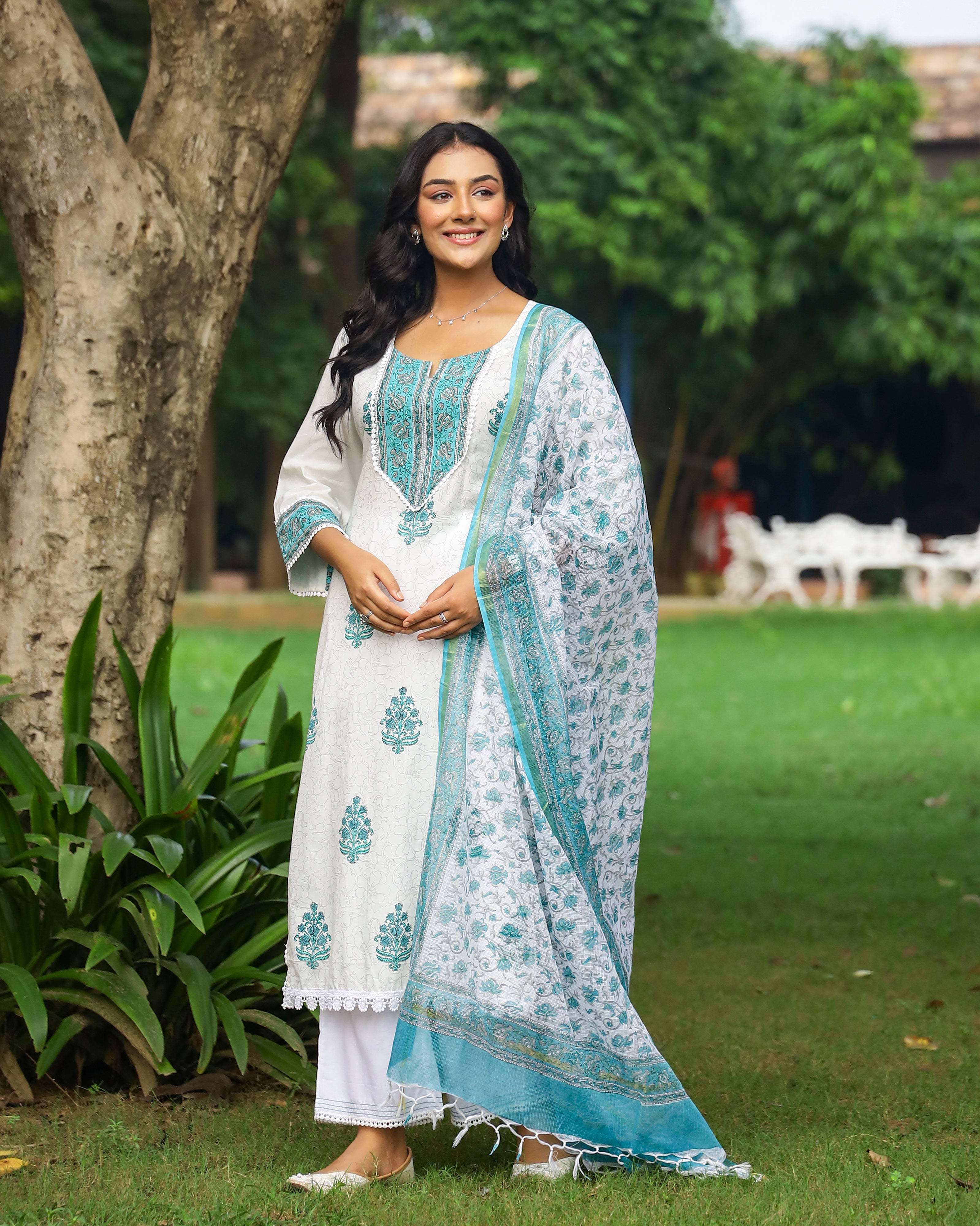 White And Turquoise Handblock Print Cotton Suit