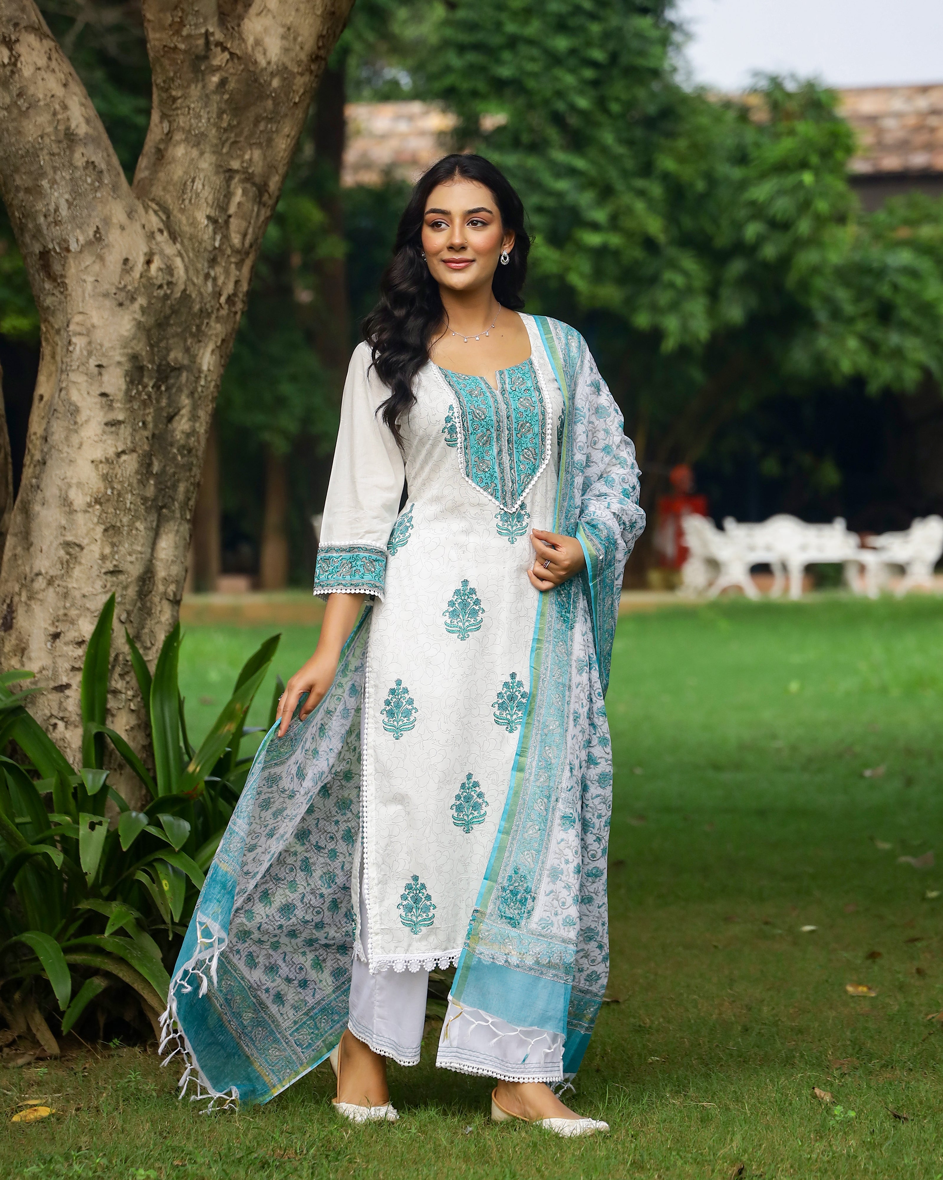 White And Turquoise Handblock Print Cotton Suit