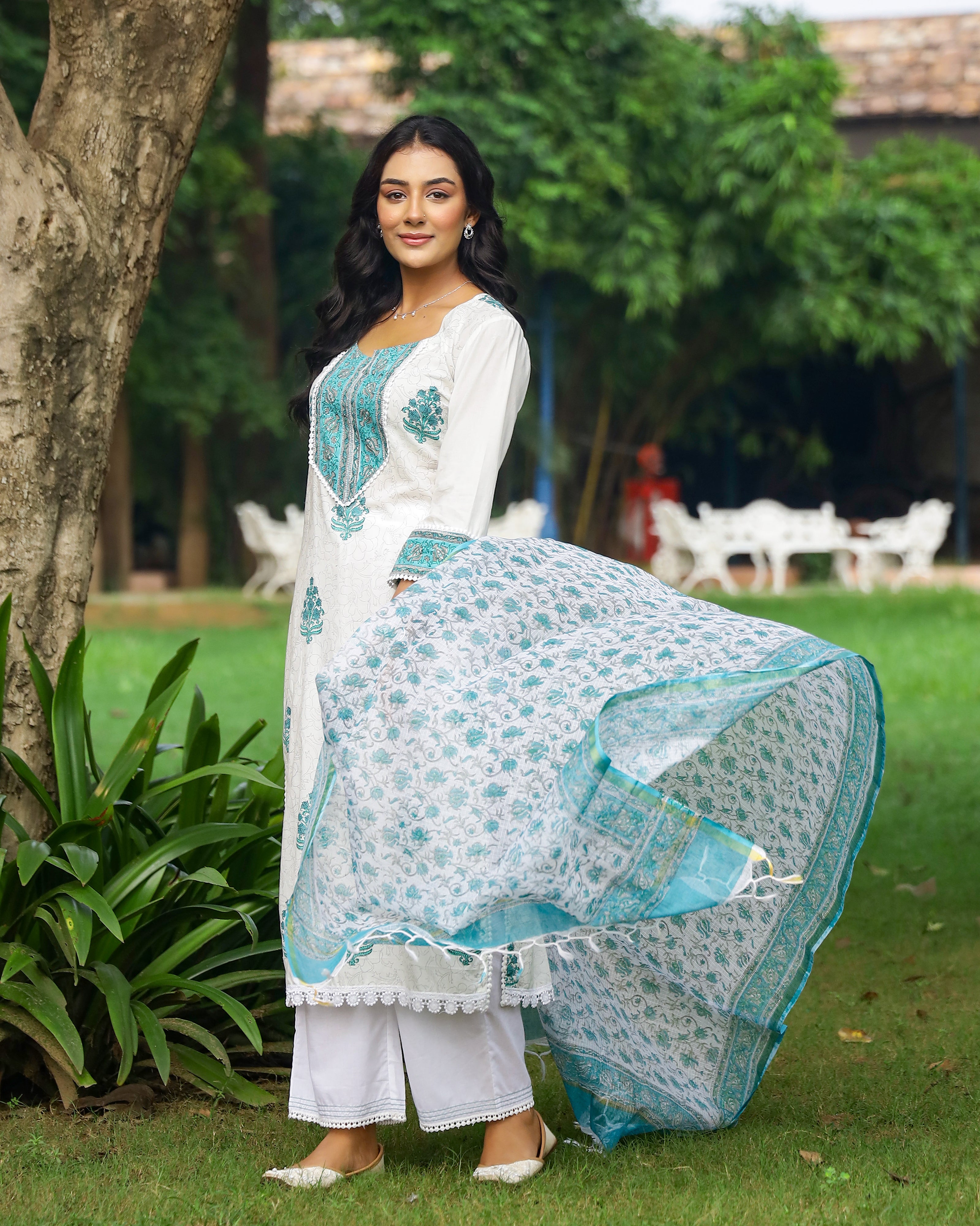 White And Turquoise Handblock Print Cotton Suit