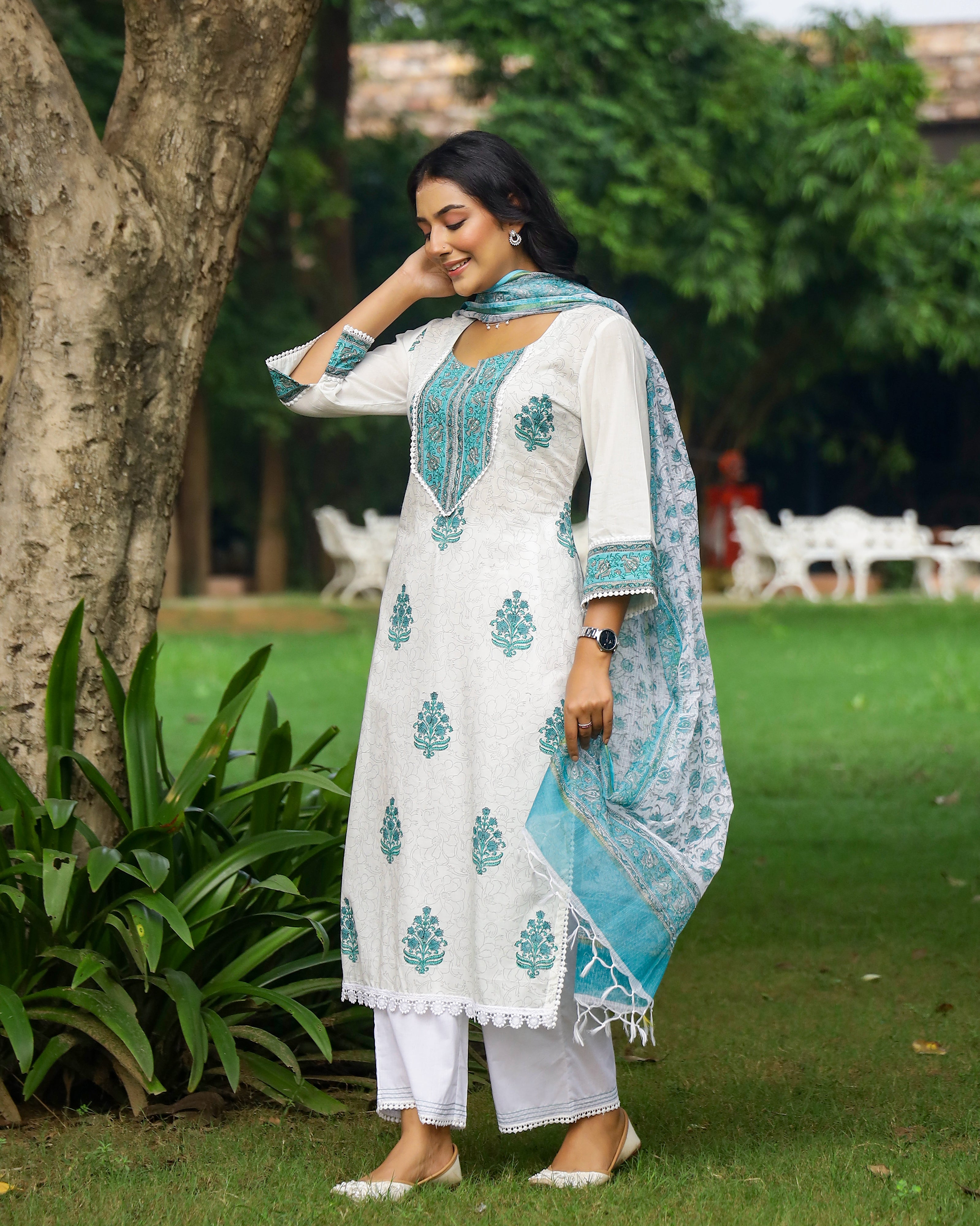 White And Turquoise Handblock Print Cotton Suit