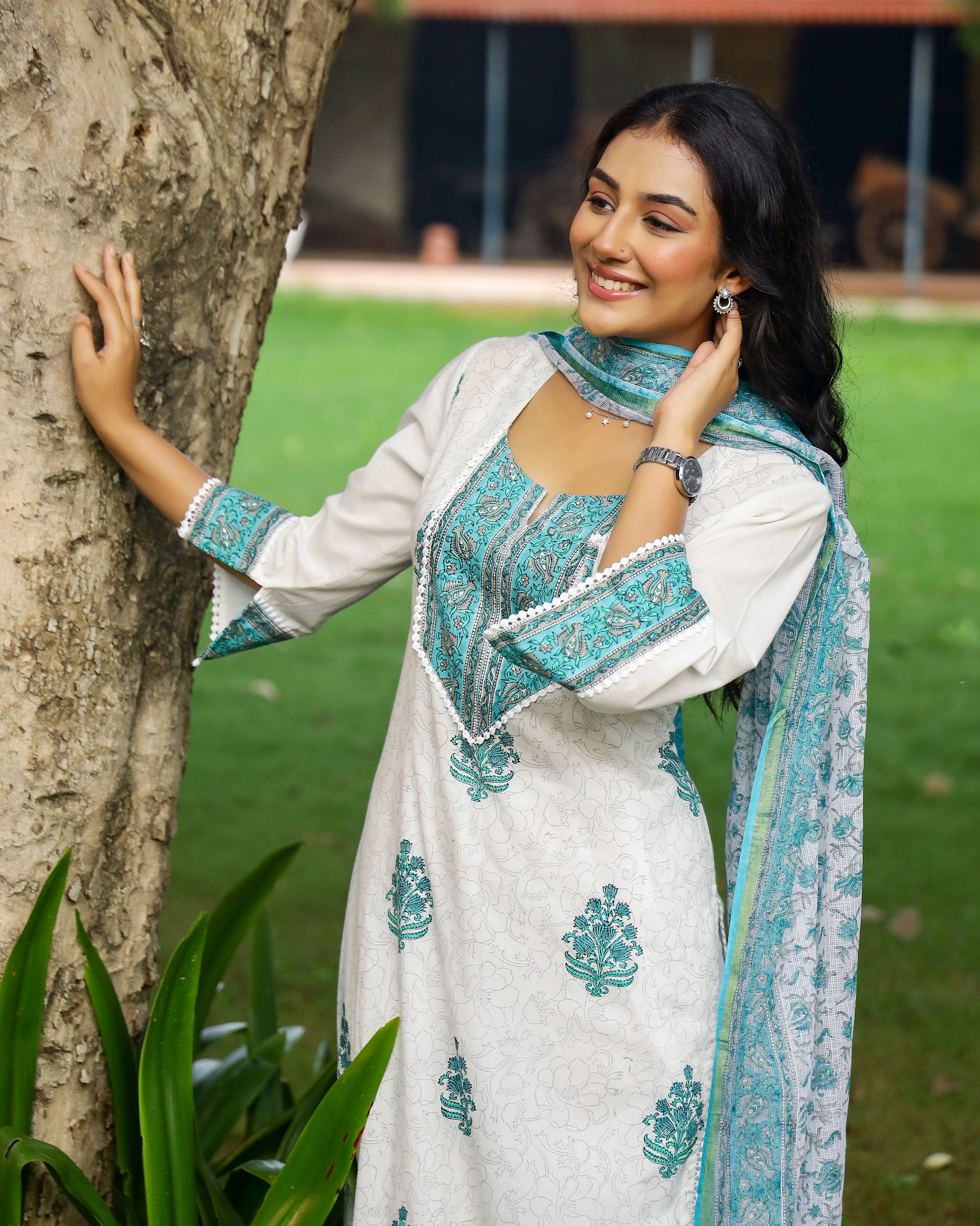 White And Turquoise Handblock Print Cotton Suit