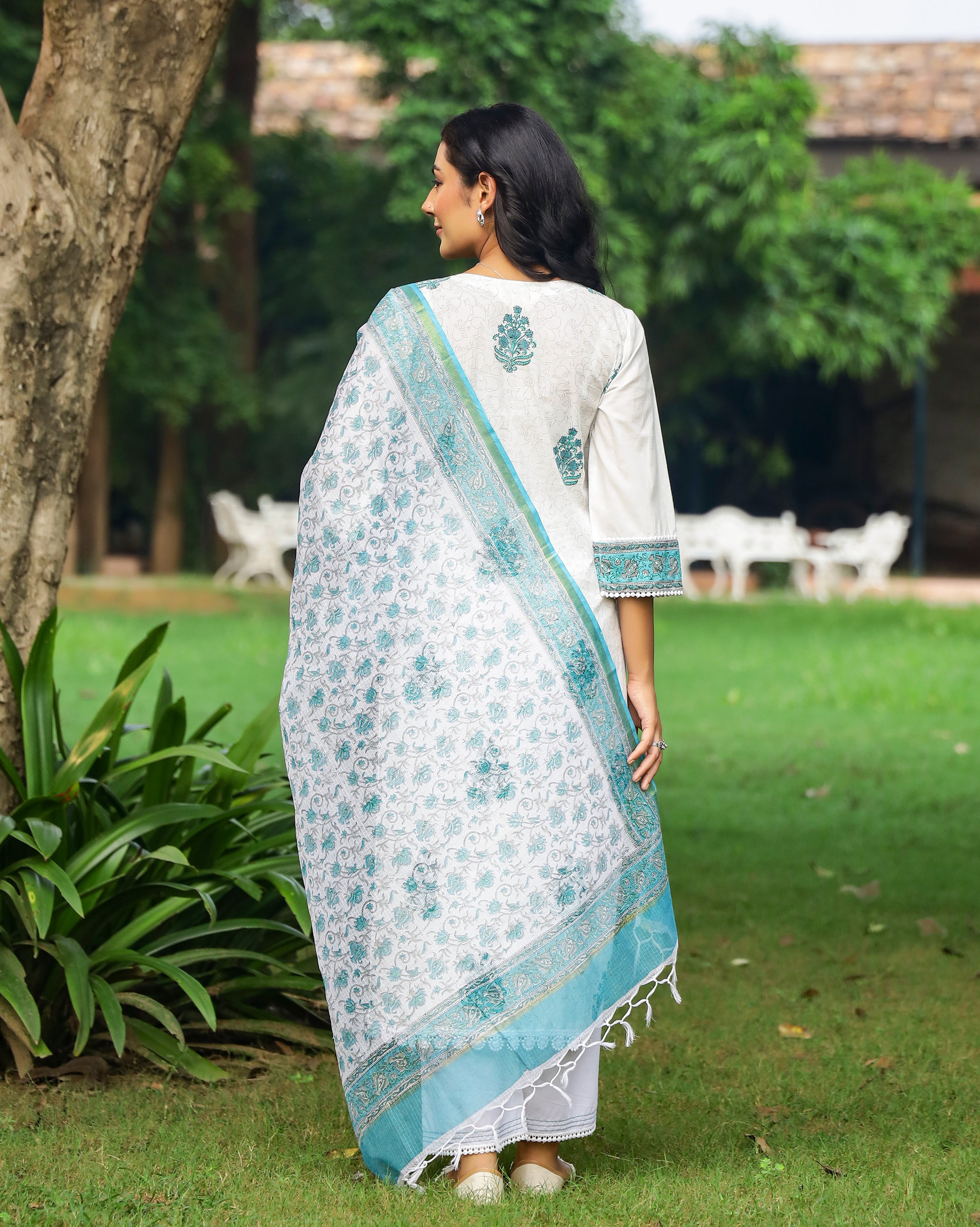 White And Turquoise Handblock Print Cotton Suit