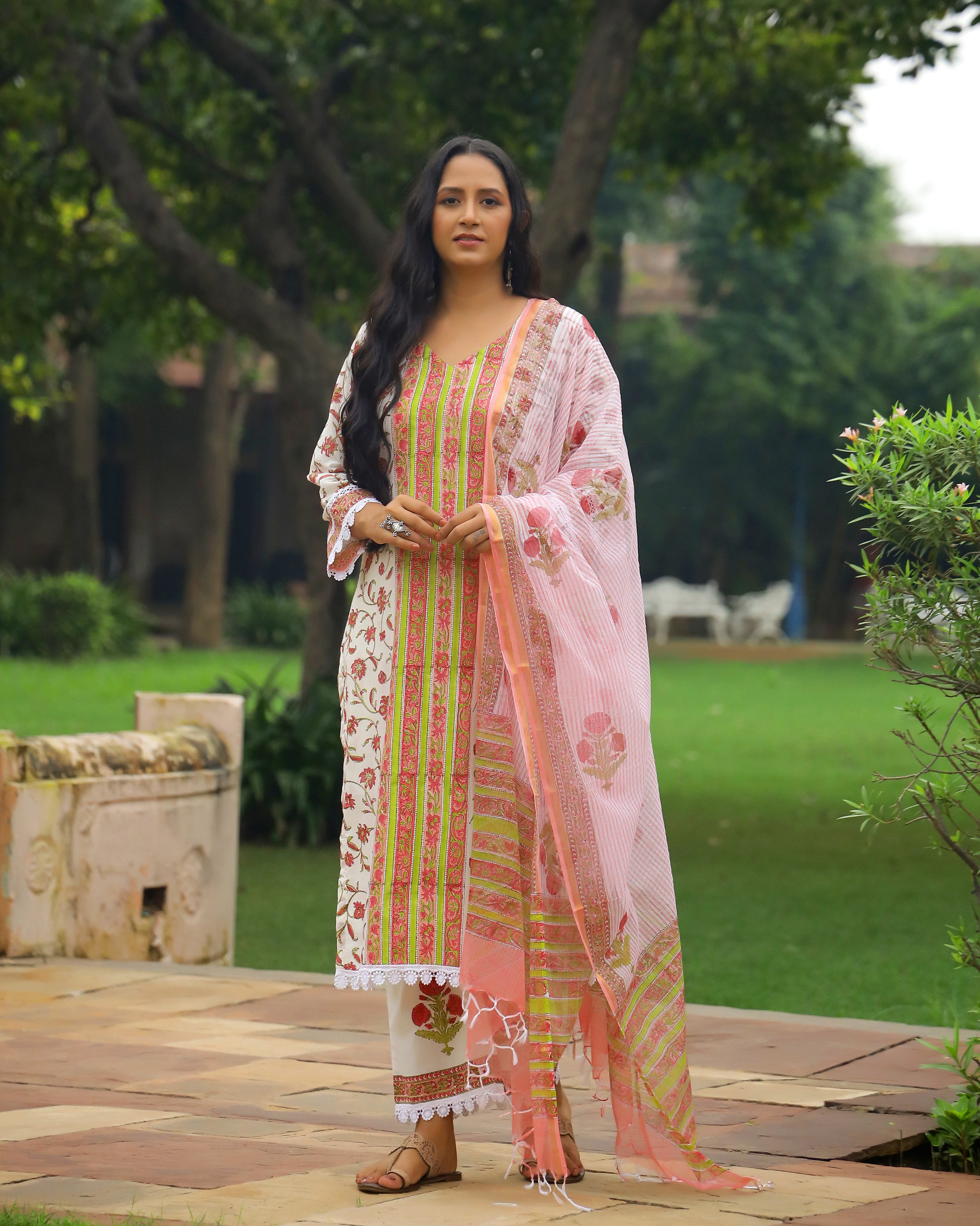Off White And Pink Handblock Print Cotton Suit