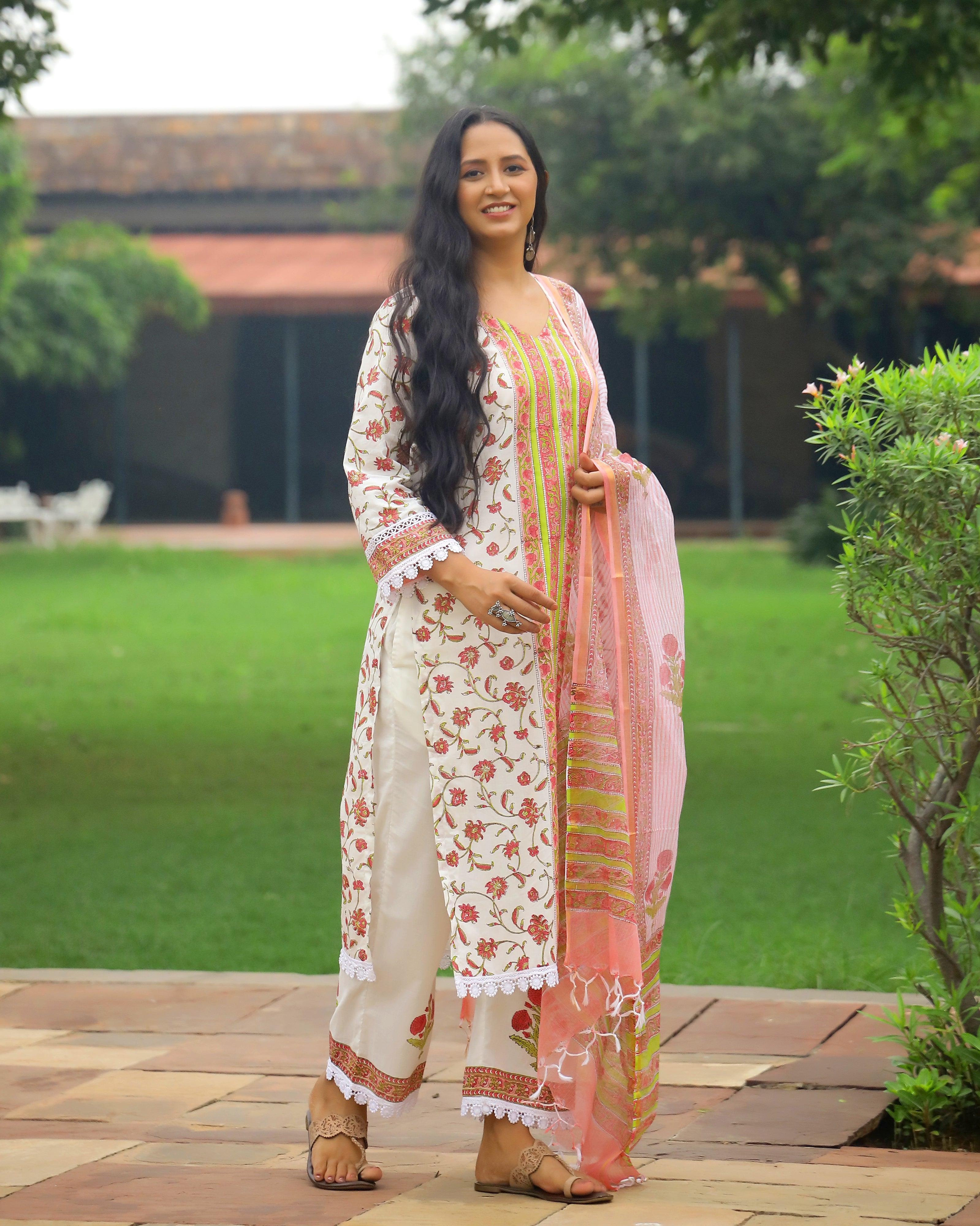 Off White And Pink Handblock Print Cotton Suit
