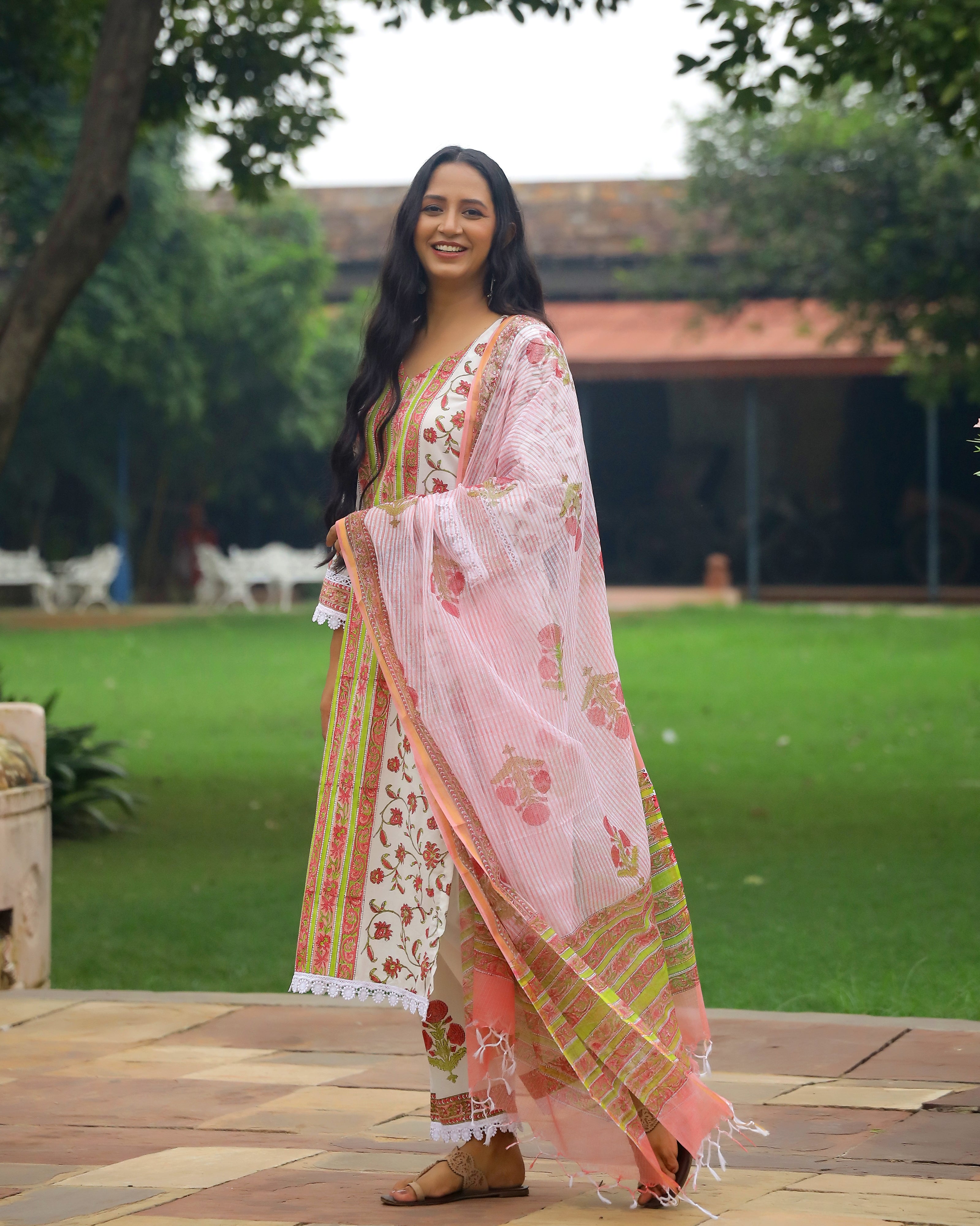 Off White And Pink Handblock Print Cotton Suit