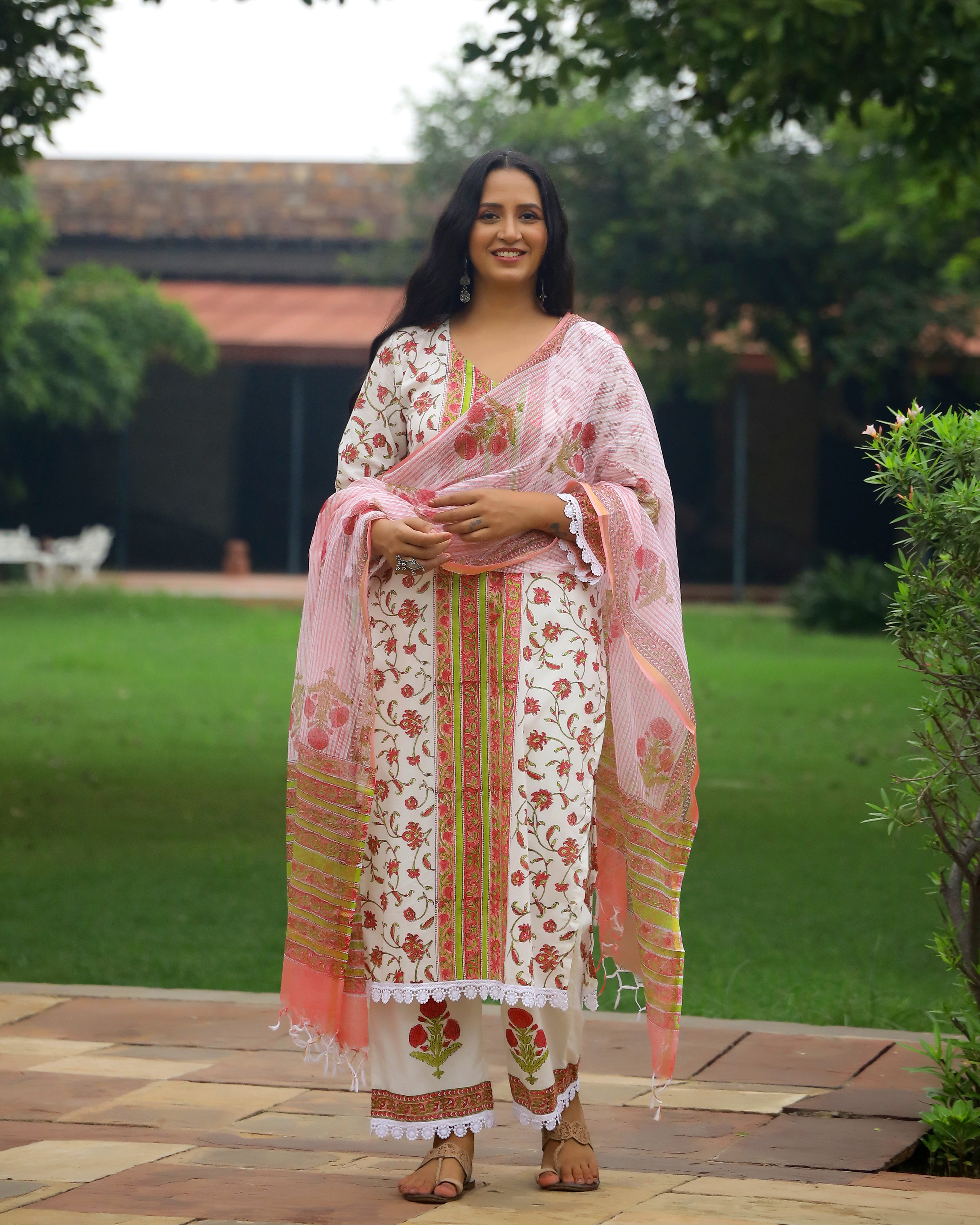 Off White And Pink Handblock Print Cotton Suit