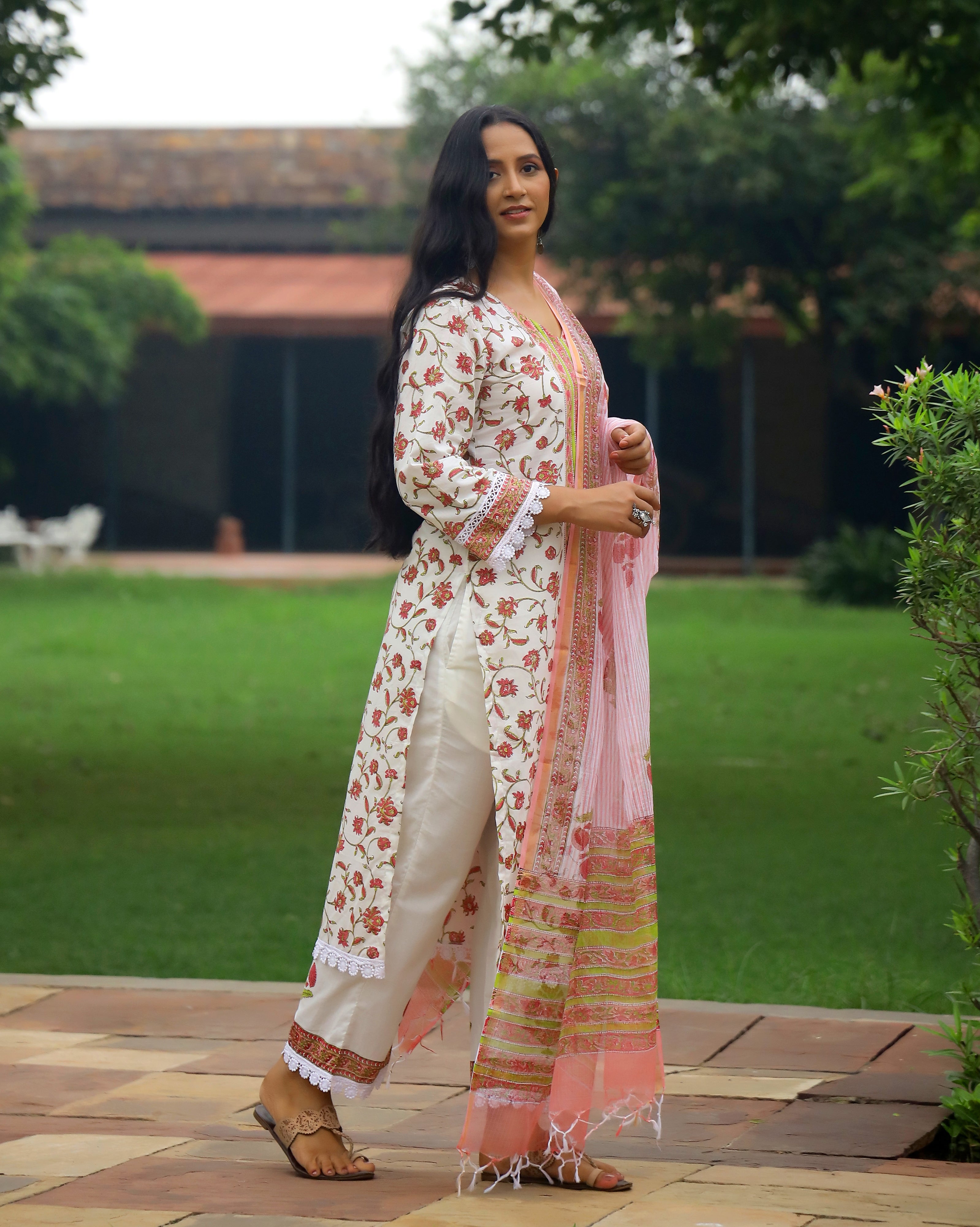 Off White And Pink Handblock Print Cotton Suit