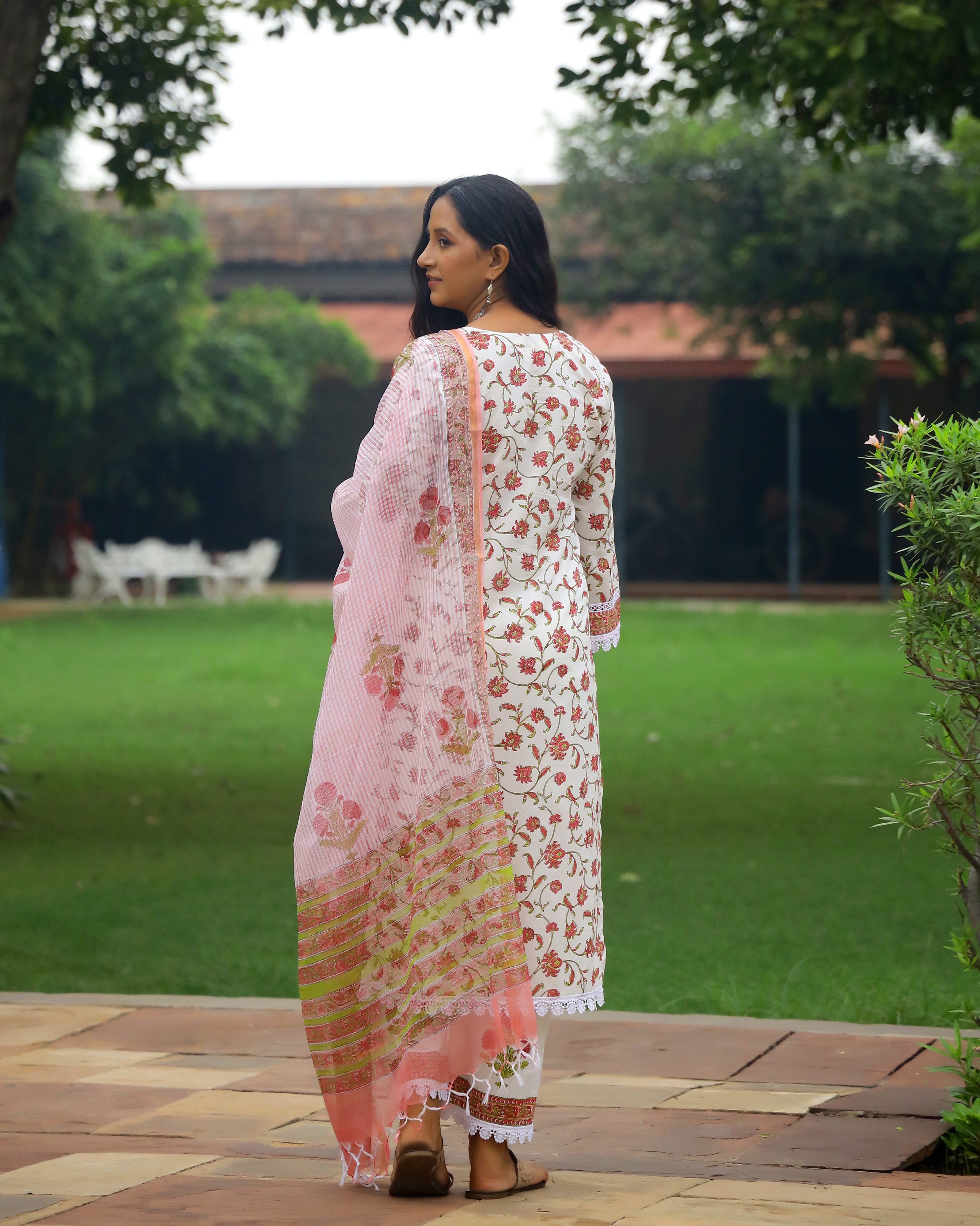 Off White And Pink Handblock Print Cotton Suit