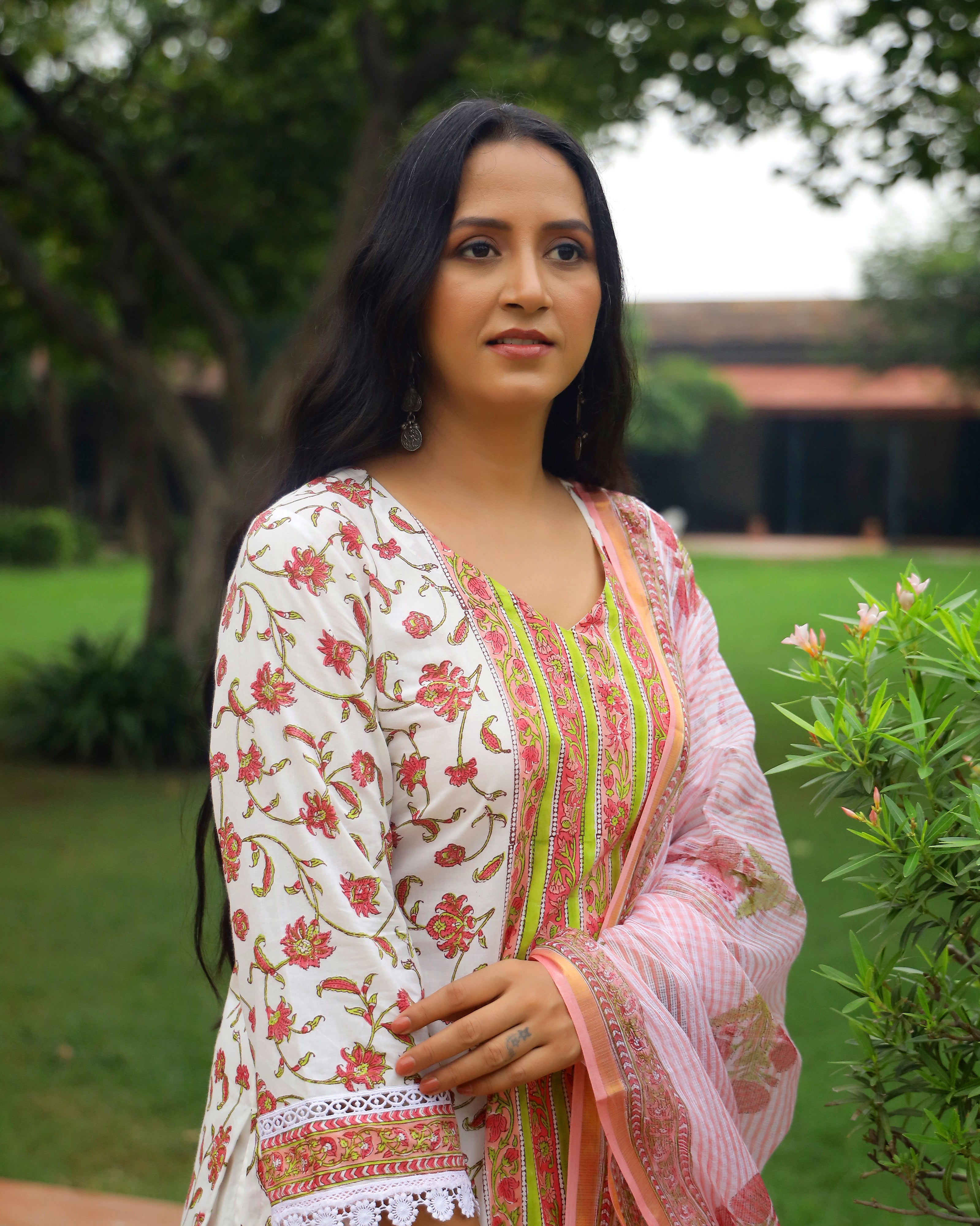 Off White And Pink Handblock Print Cotton Suit