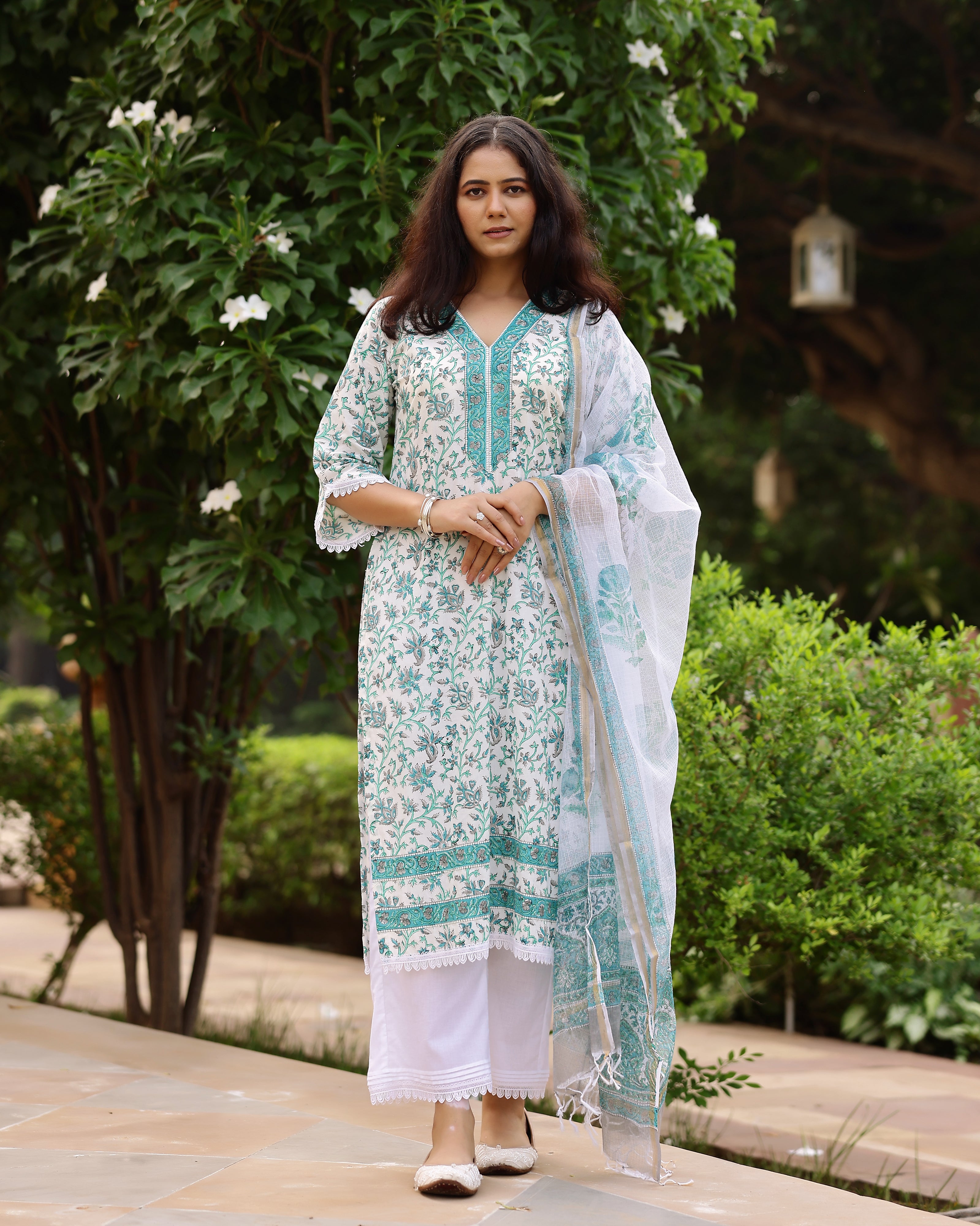 White And Sea Green Floral Print Cotton Suit