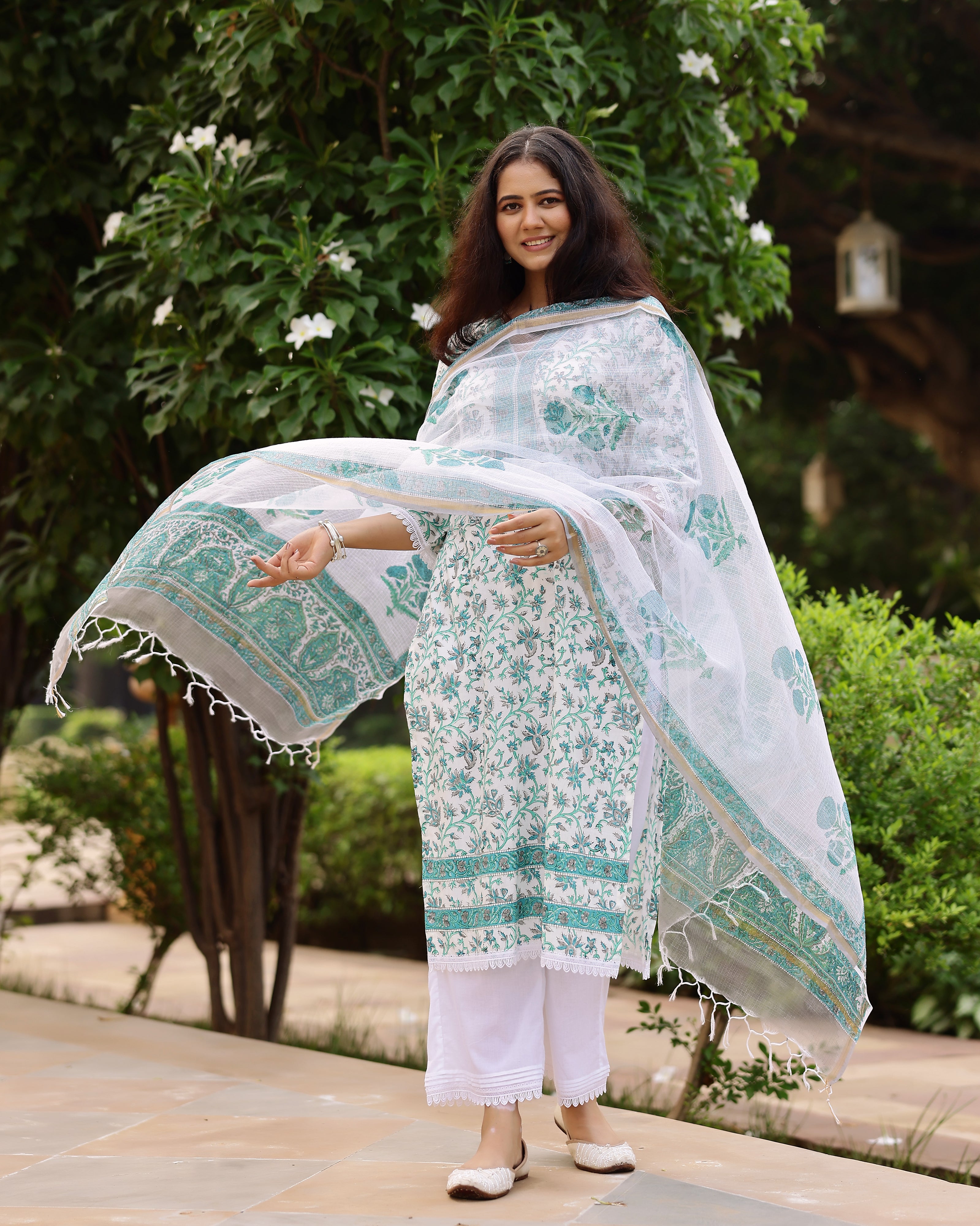 White And Sea Green Floral Print Cotton Suit