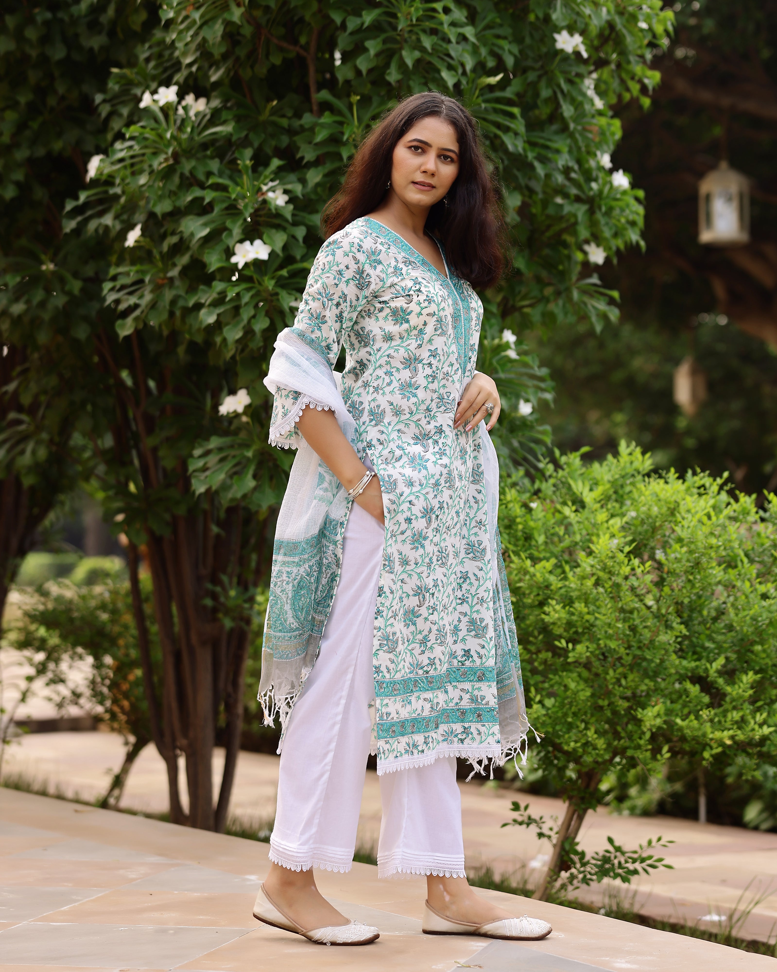 White And Sea Green Floral Print Cotton Suit