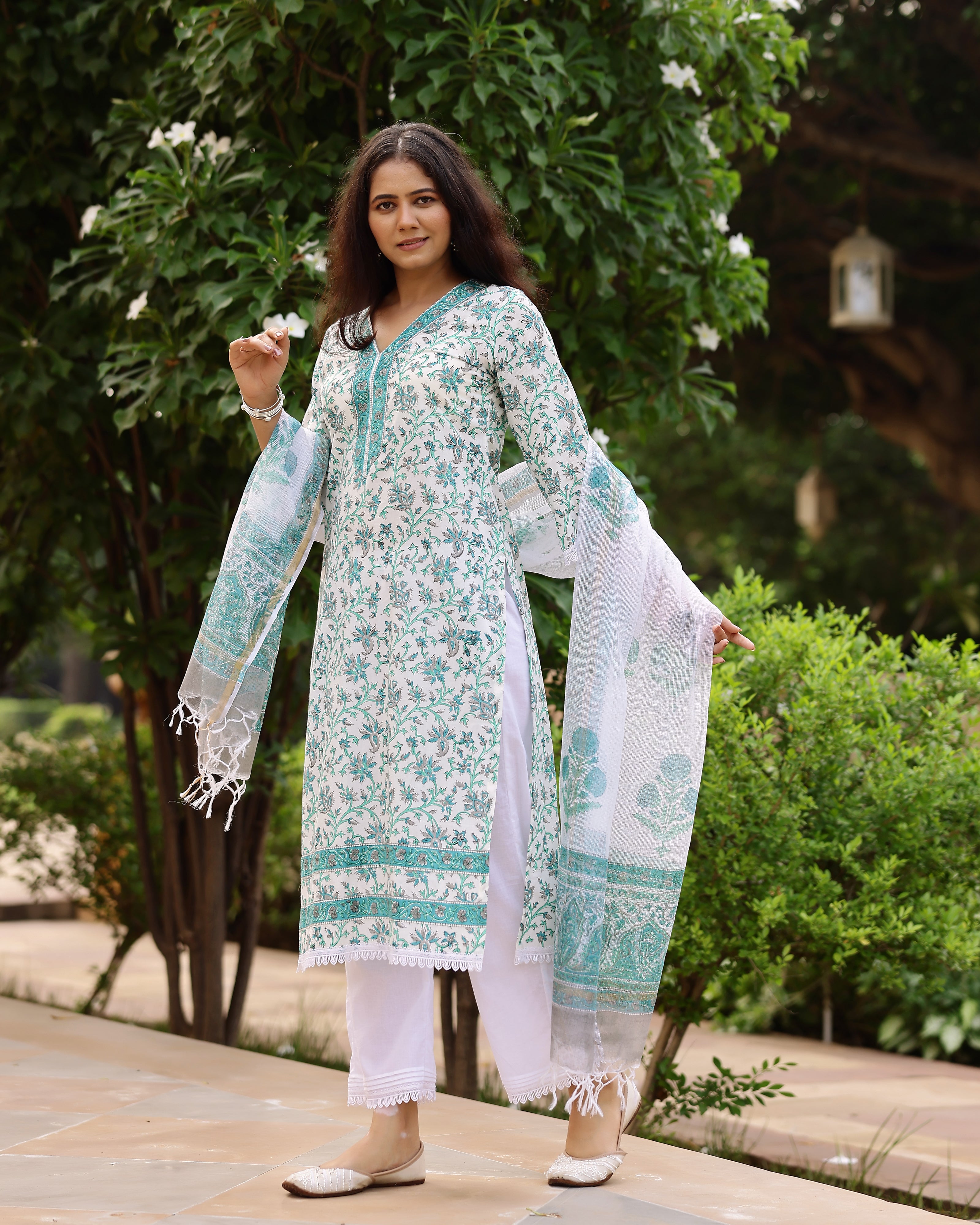 White And Sea Green Floral Print Cotton Suit