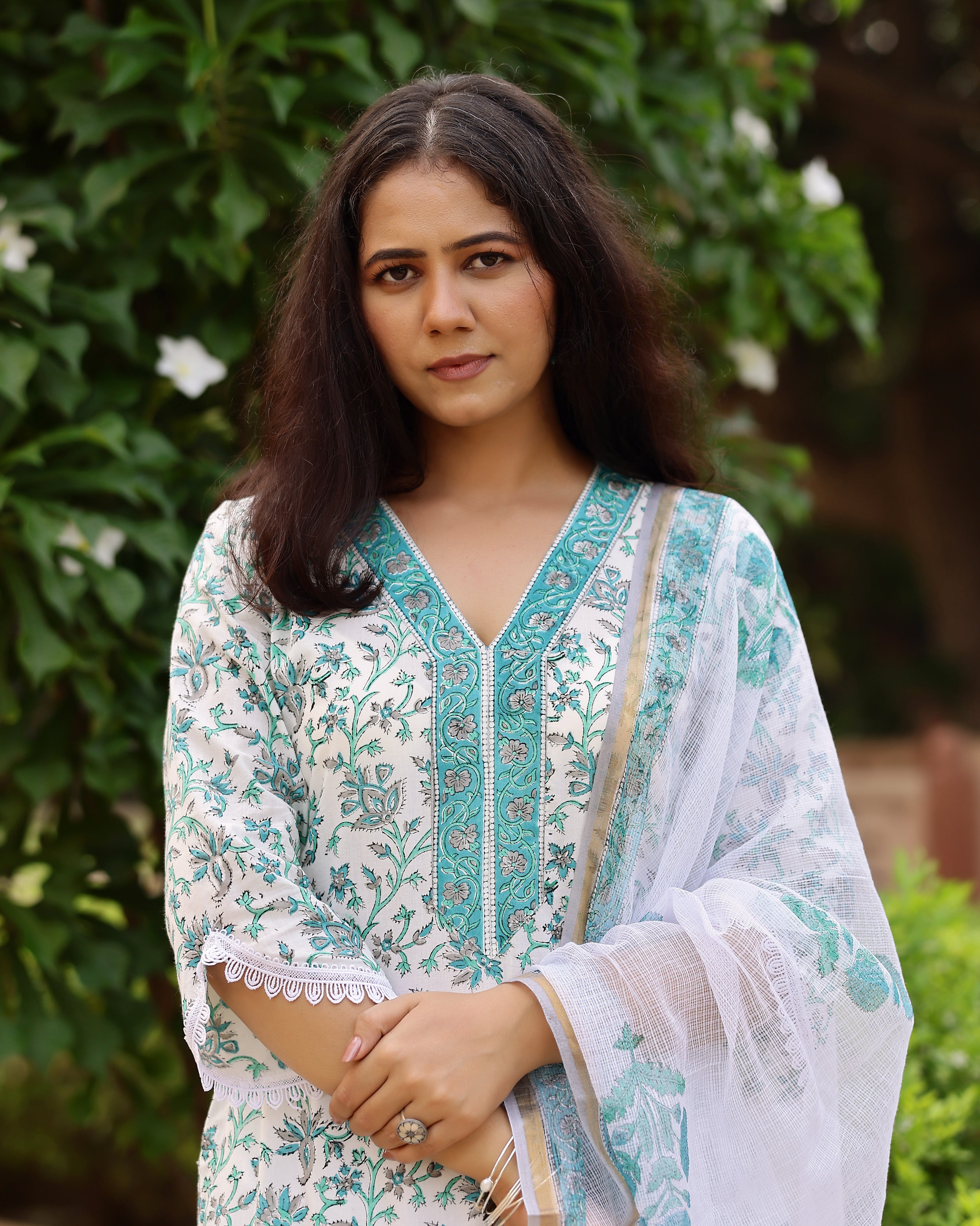 White And Sea Green Floral Print Cotton Suit