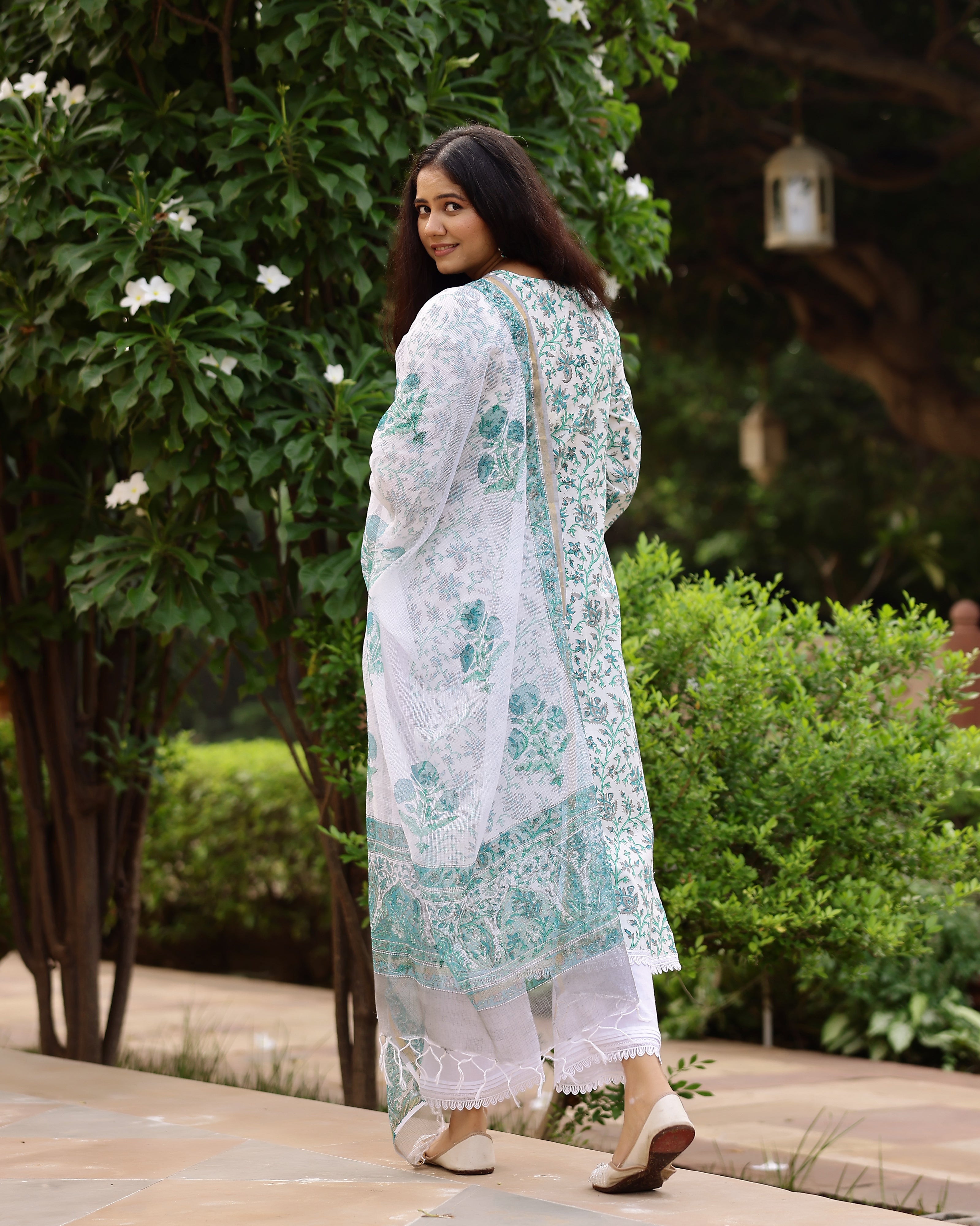 White And Sea Green Floral Print Cotton Suit