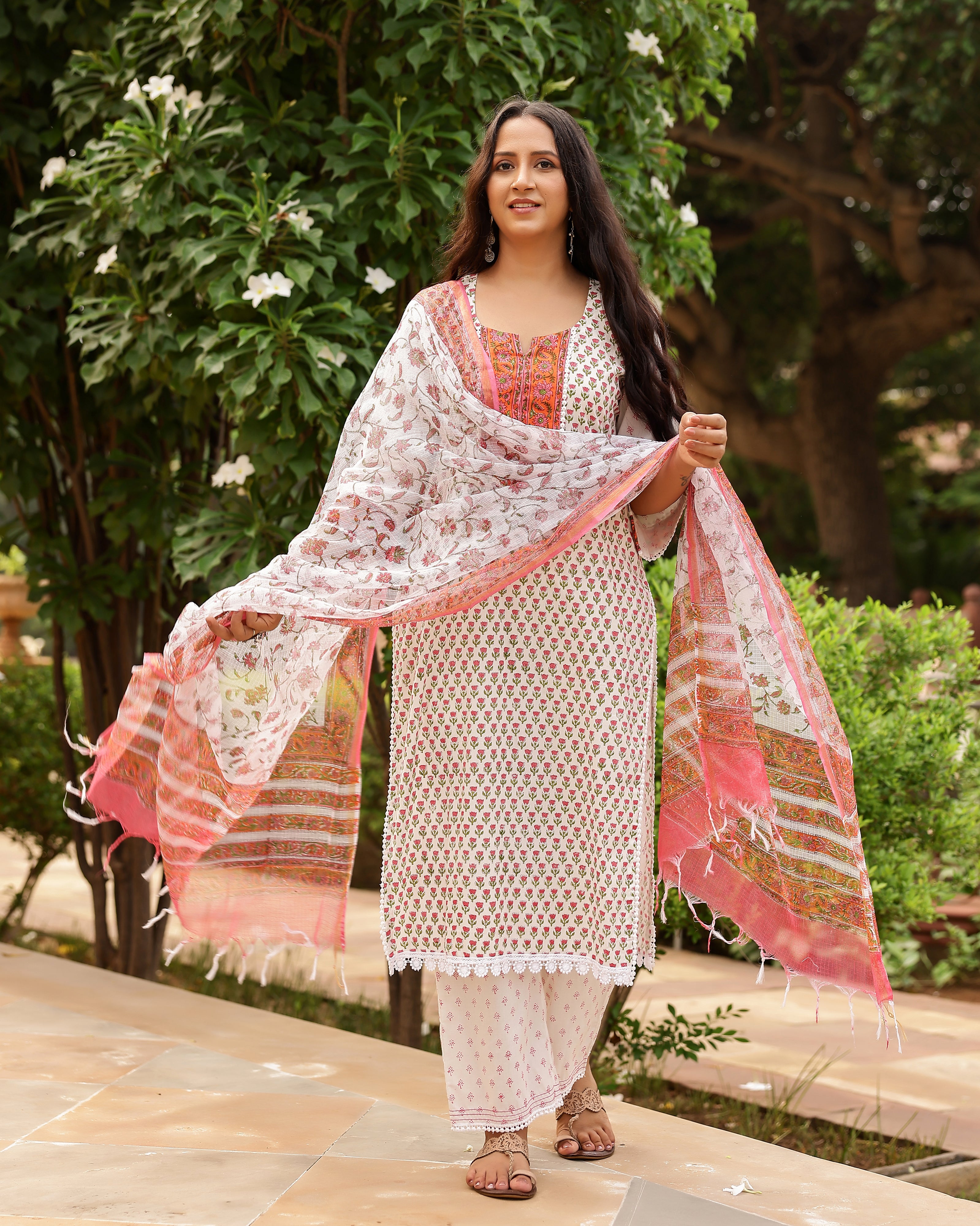White And Coral Handblock Print Cotton Suit