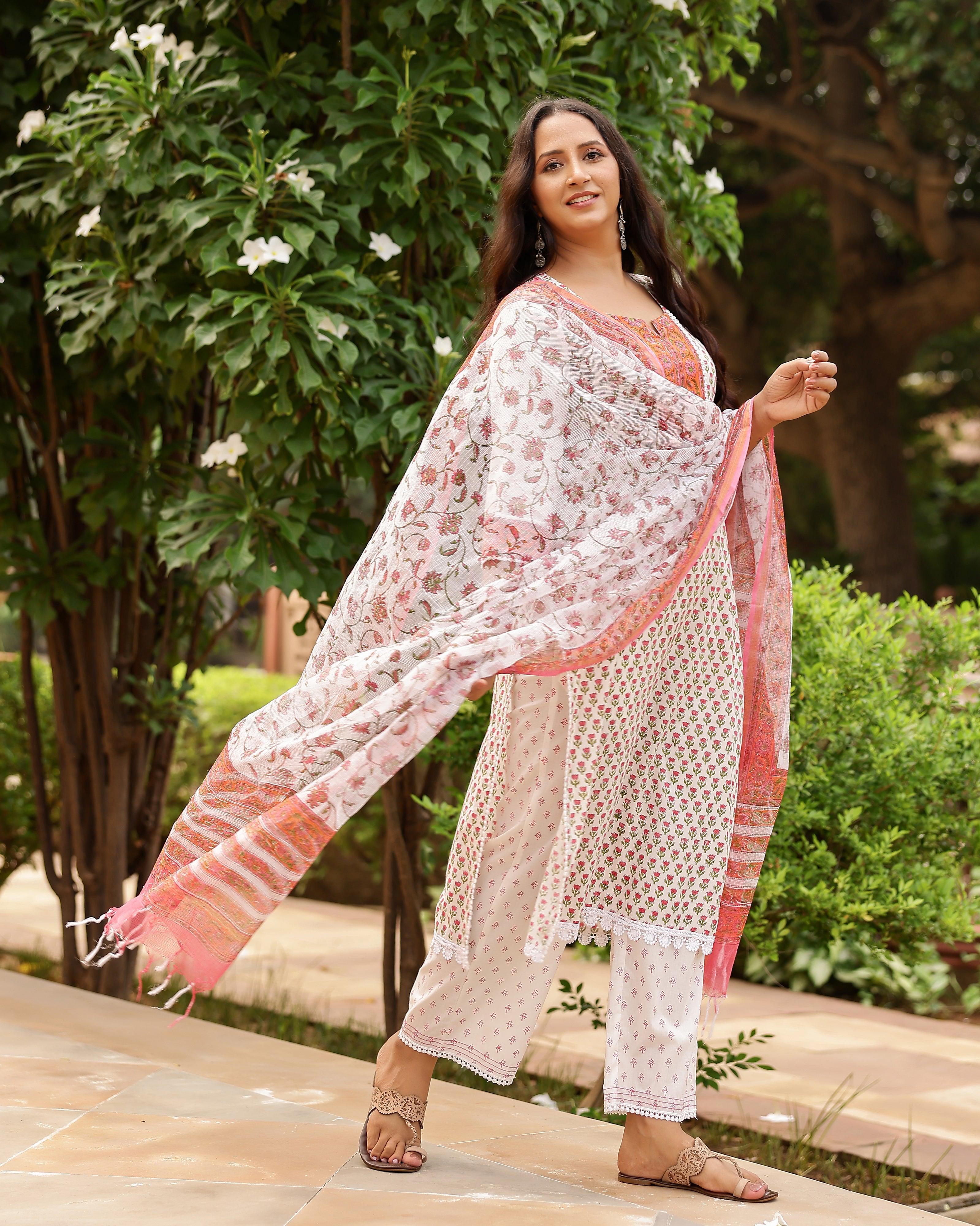 White And Coral Handblock Print Cotton Suit