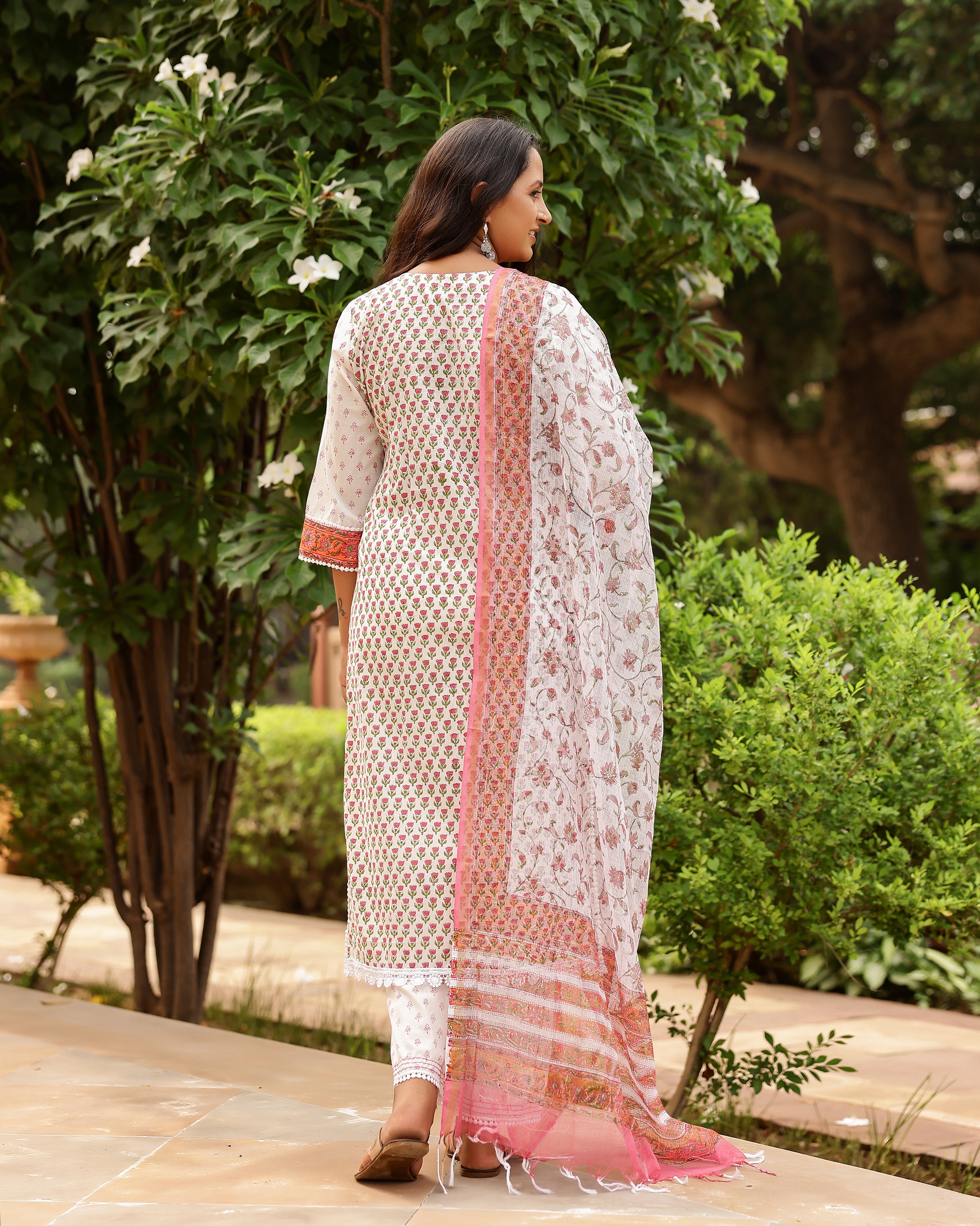 White And Coral Handblock Print Cotton Suit