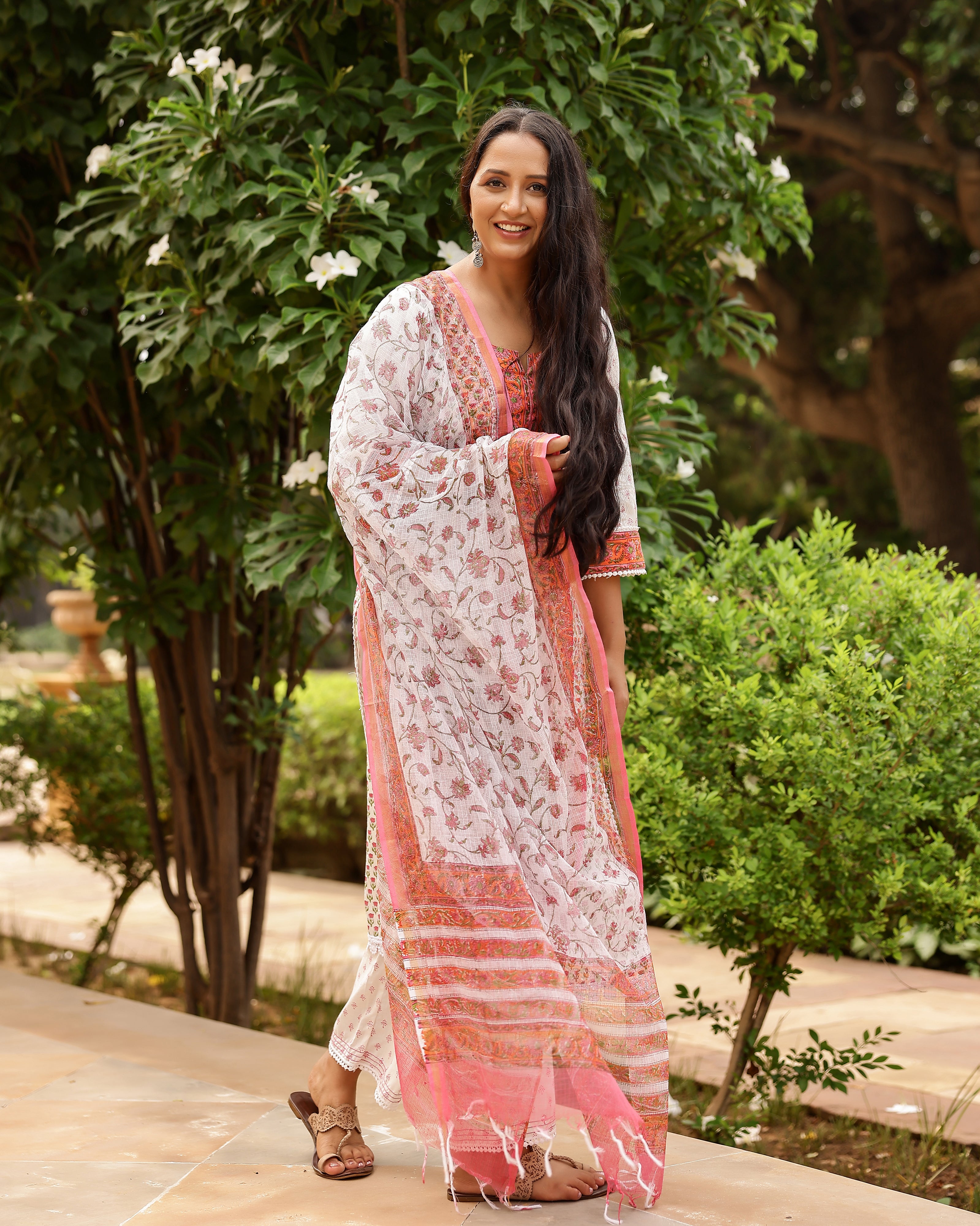 White And Coral Handblock Print Cotton Suit