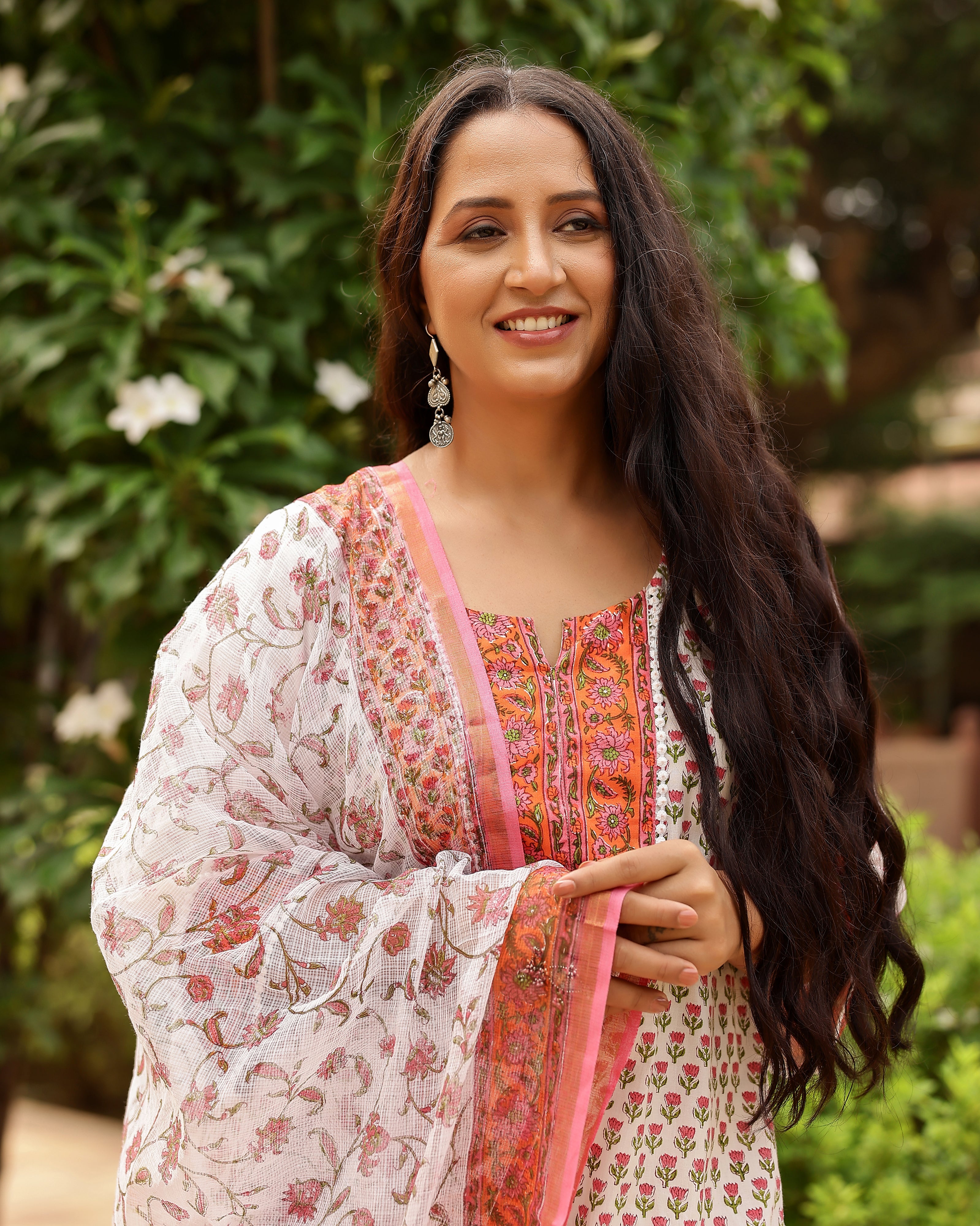 White And Coral Handblock Print Cotton Suit