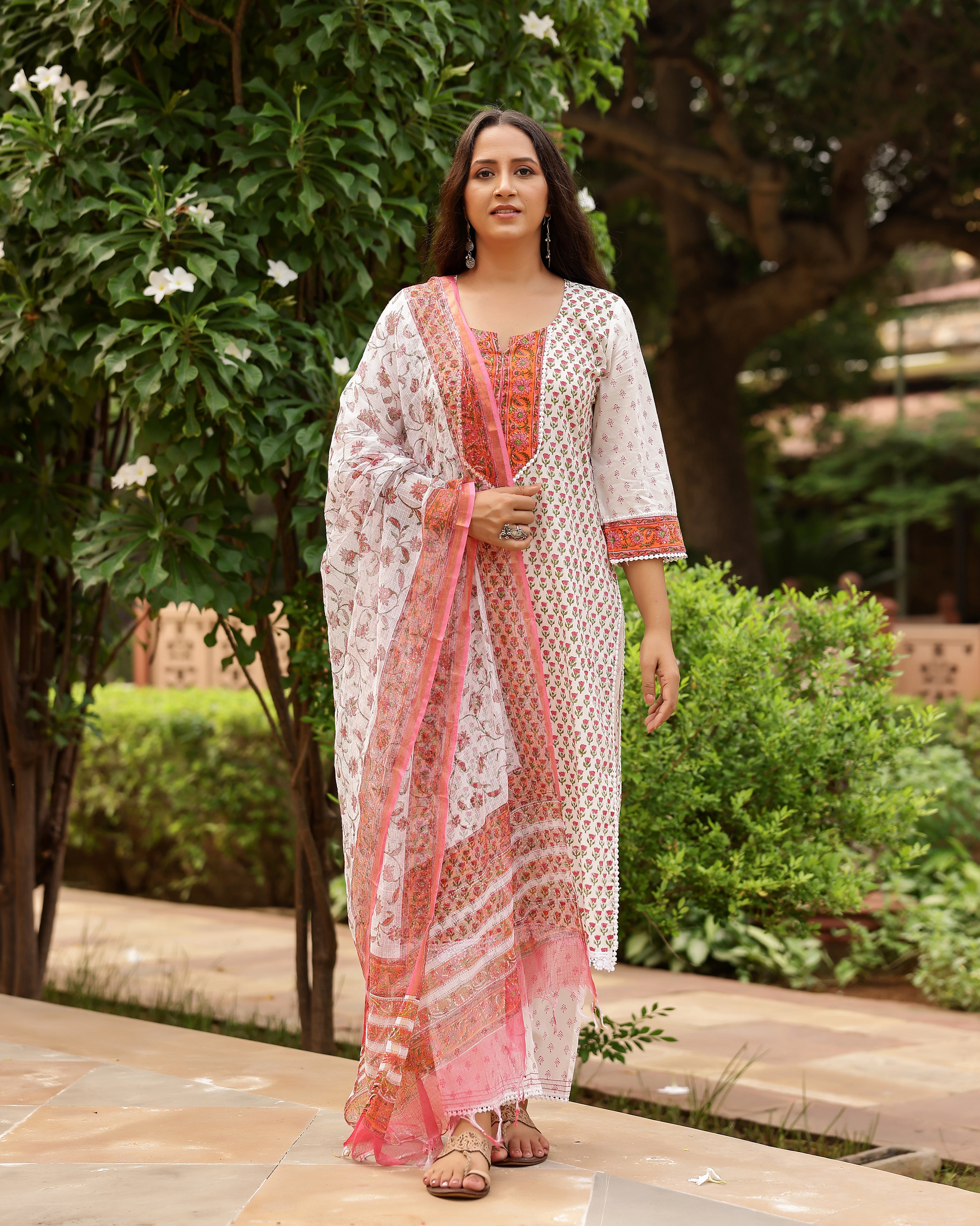 White And Coral Handblock Print Cotton Suit