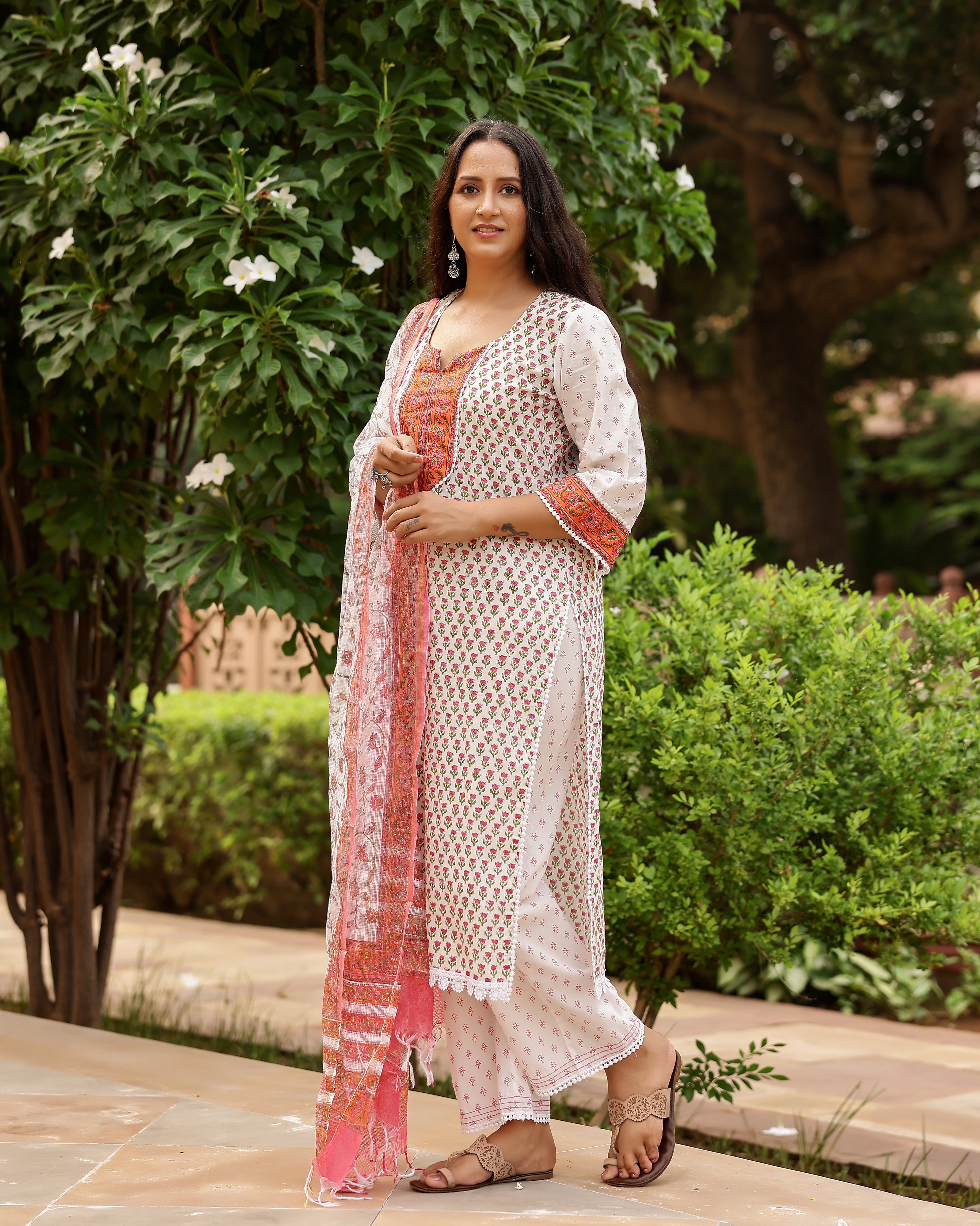 White And Coral Handblock Print Cotton Suit