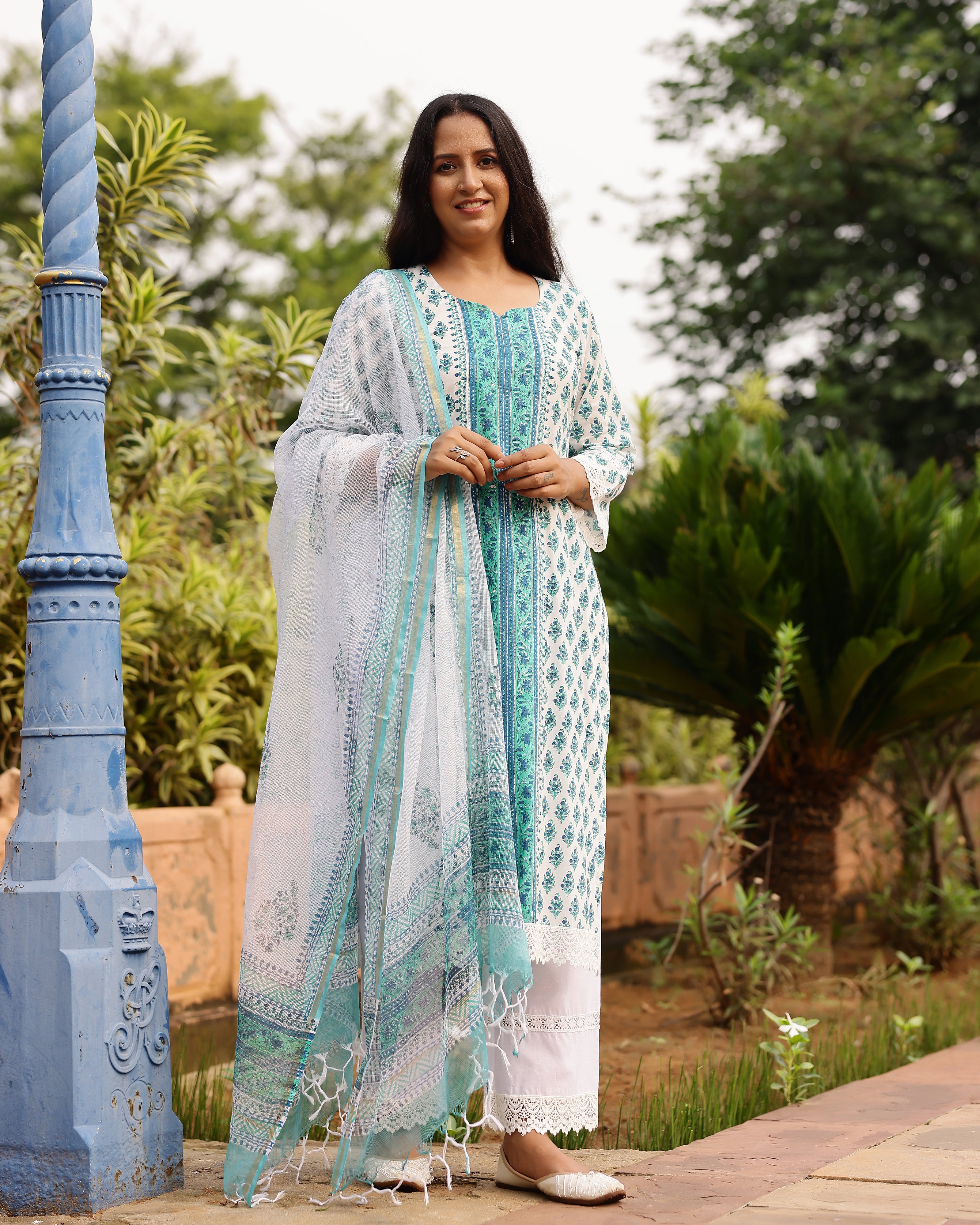 White And Turquoise Ethnic Motif Print Cotton Suit